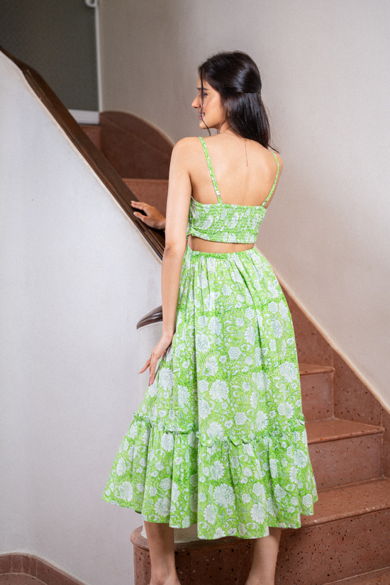 Green Hand Block Floral Print Cotton Dress with Pocket RESORT'24