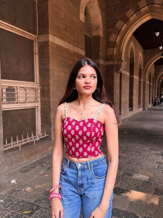 Red Floral Top with  Lace Straps & Heart Back Tie-Up