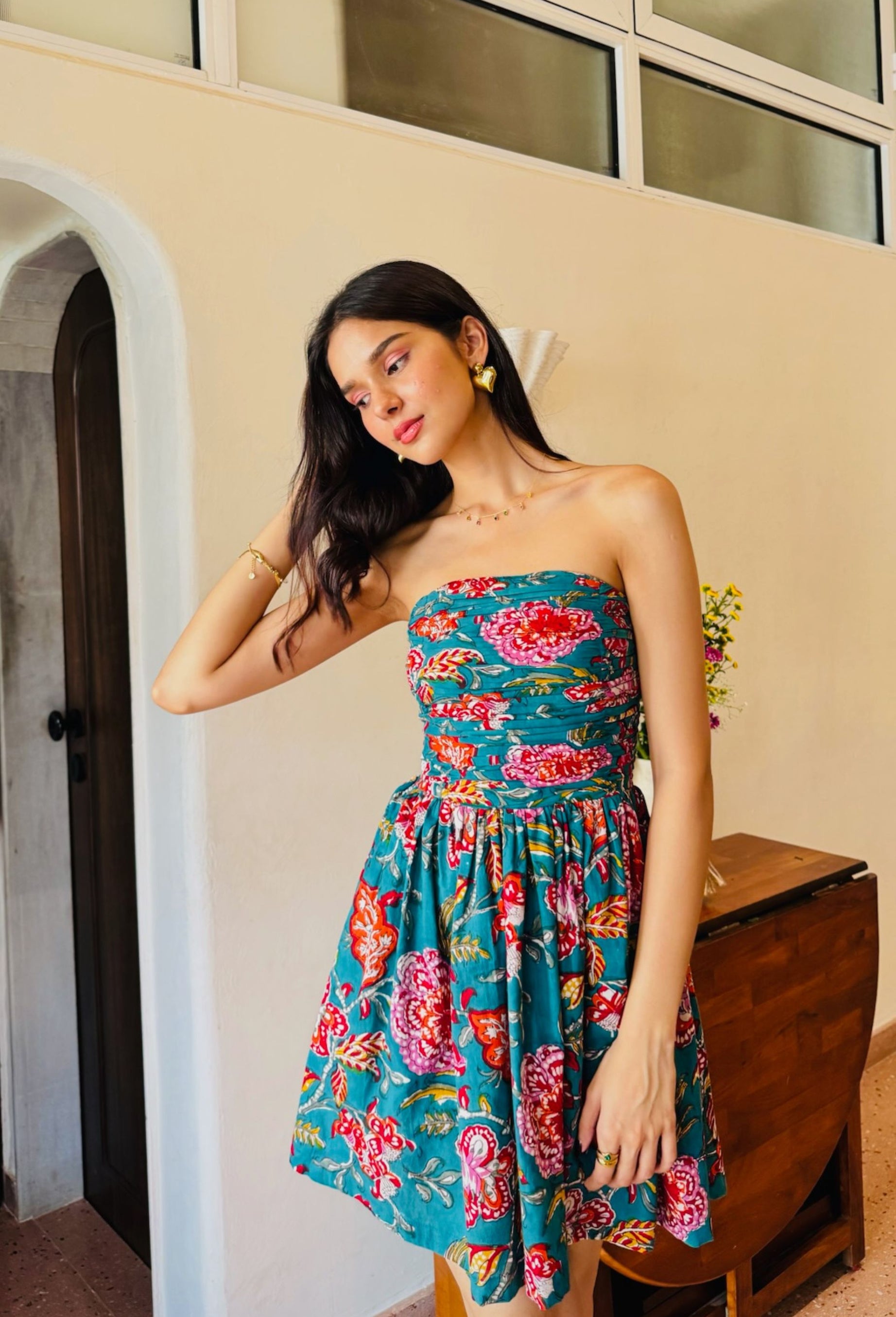 Dark Green Floral Print Tube Dress with One Side Pocket