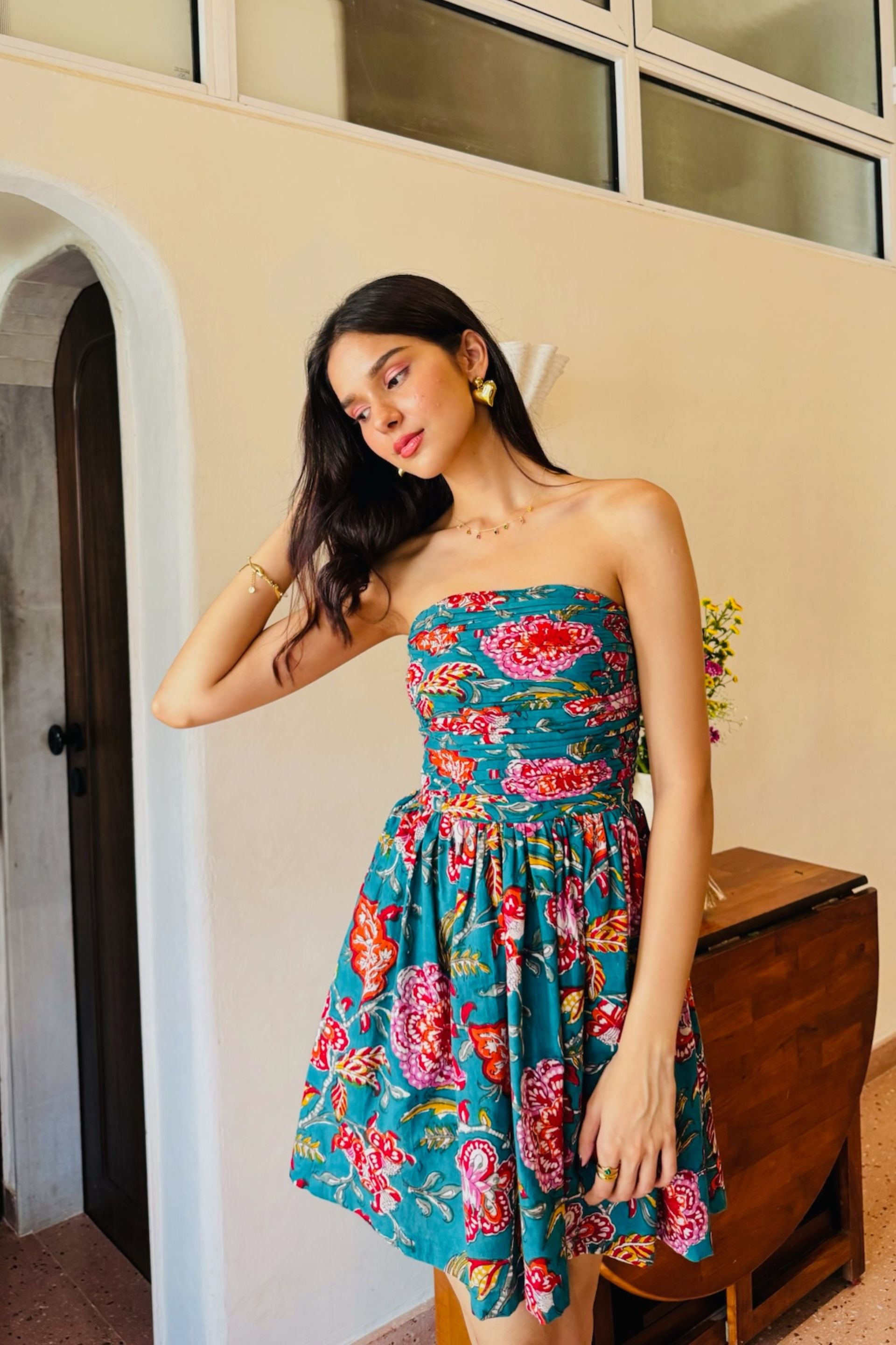 Dark Green Floral Print Tube Dress with One Side Pocket