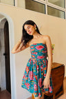 Dark Green Floral Print Tube Short Dress with One Side Pocket and Back Smocking LF-Collection