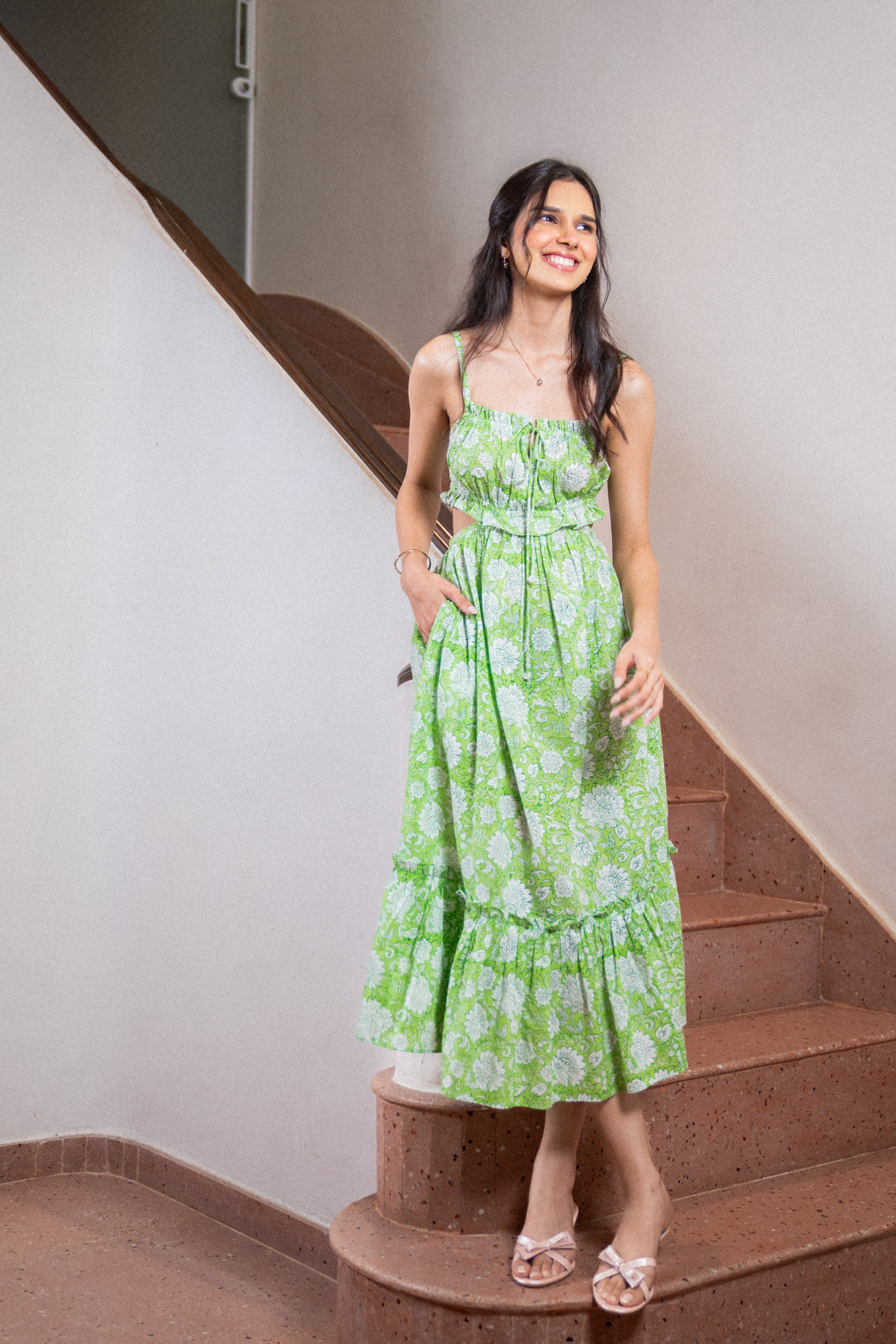 Green Hand Block Floral Print Cotton Dress with Pocket RESORT'24
