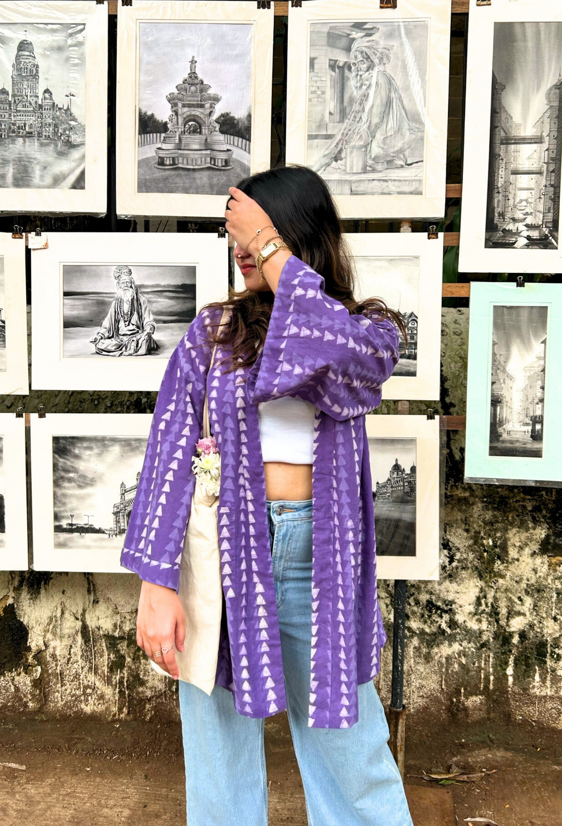 Free Size Purple Hand-Block Printed Shrug In Cotton