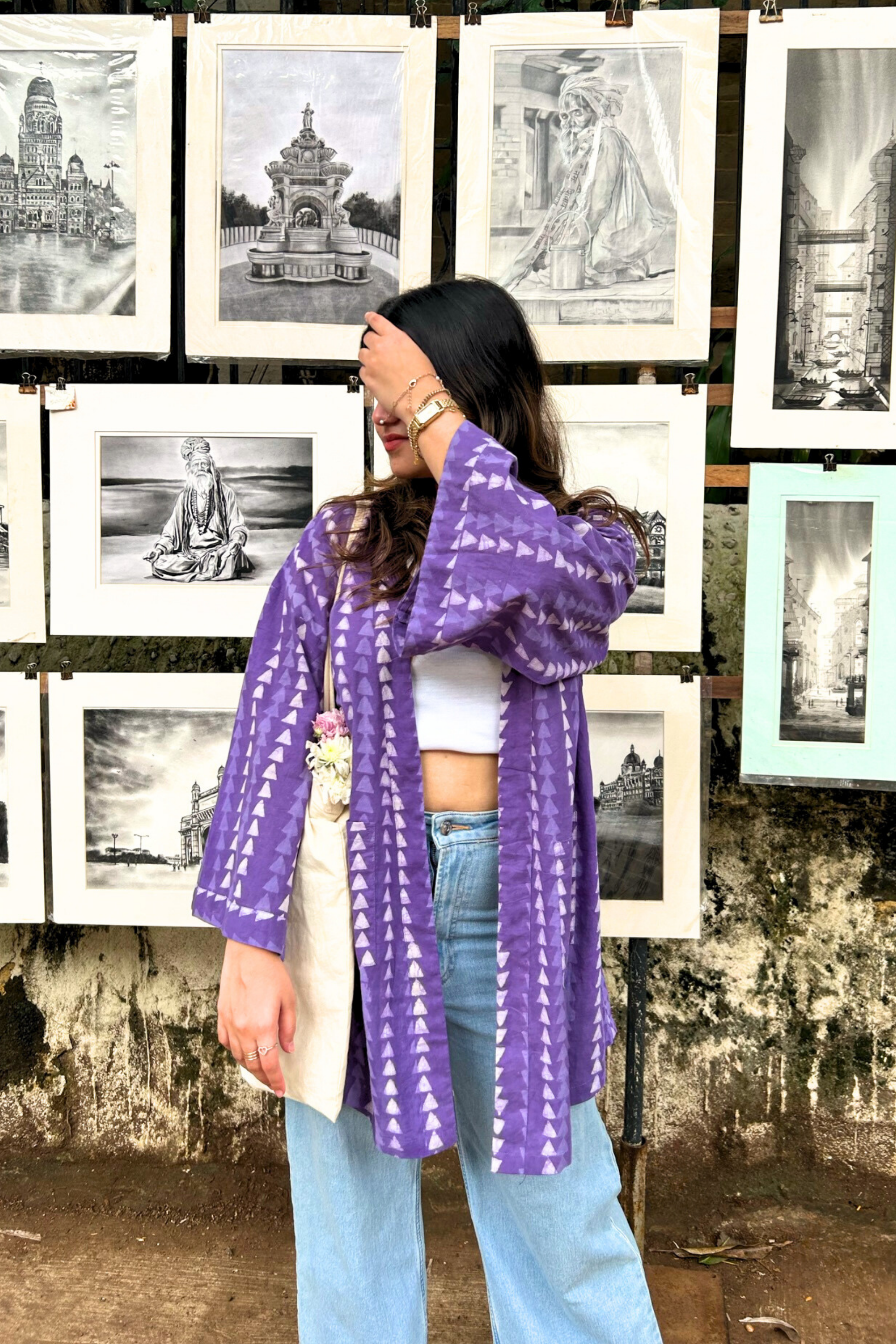 Free Size Purple Hand-Block Printed Shrug In Cotton