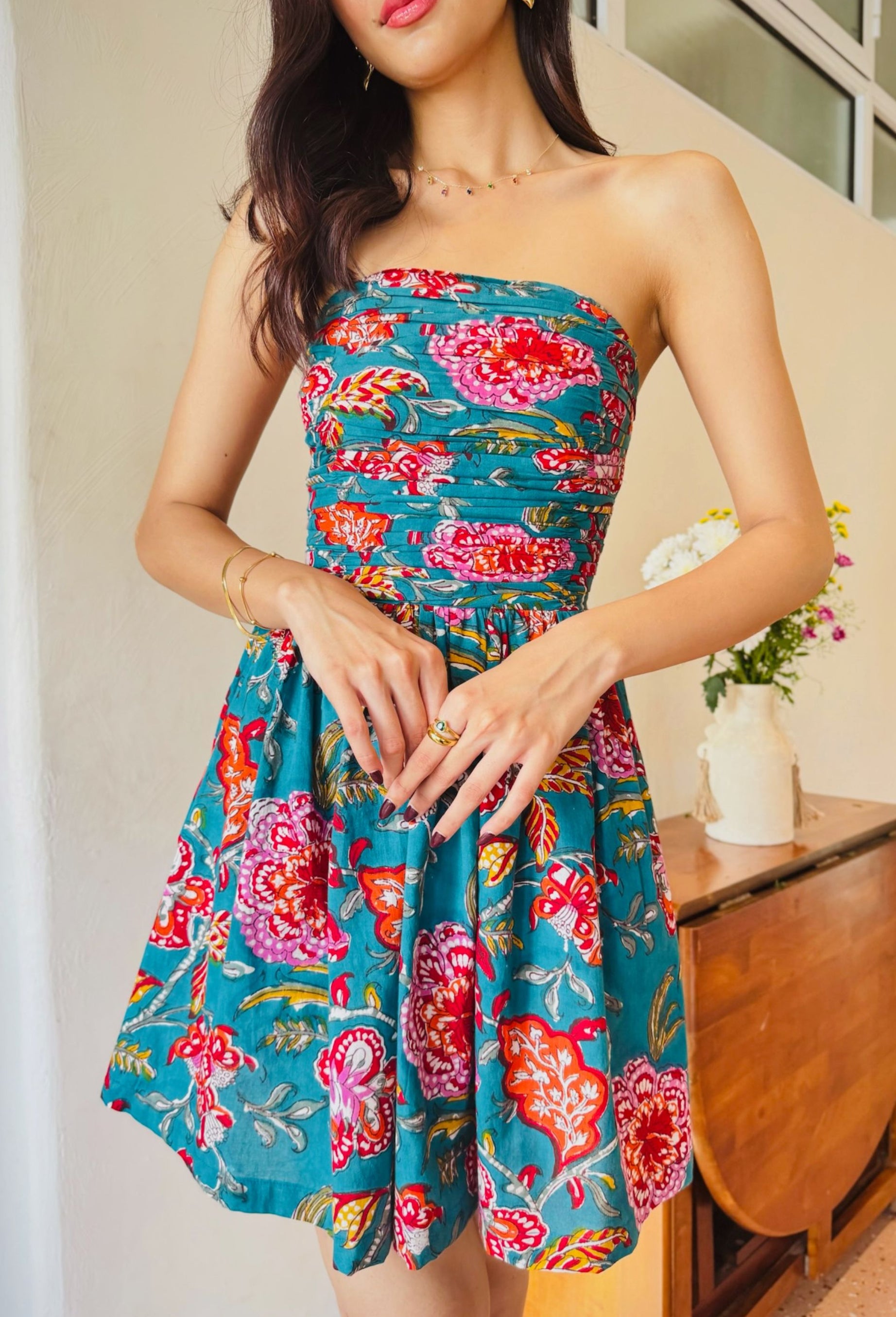 Dark Green Floral Print Tube Dress with One Side Pocket
