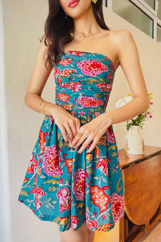 Dark Green Floral Print Tube Short Dress with One Side Pocket and Back Smocking LF-Collection