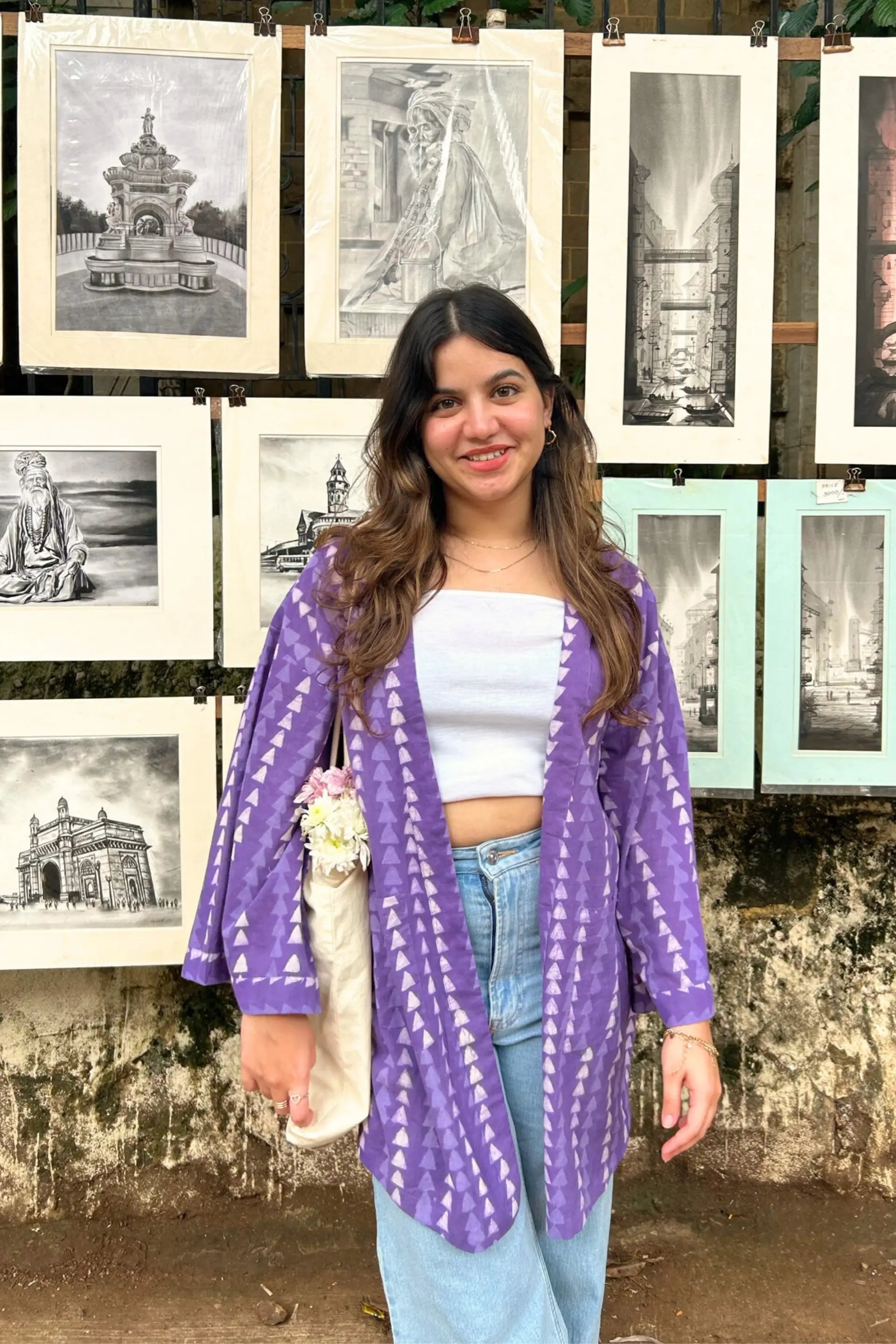 Free Size Purple Hand-Block Printed Shrug In Cotton AMARAA