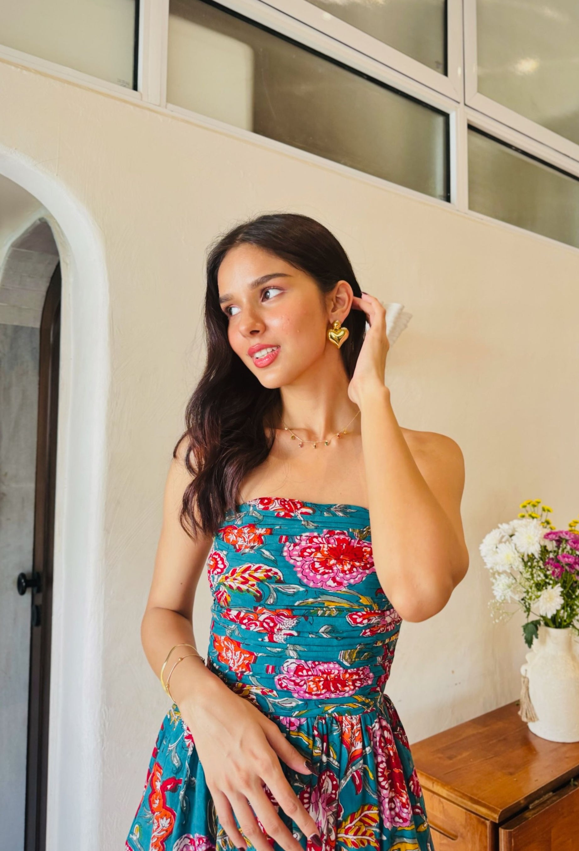 Dark Green Floral Print Tube Dress with One Side Pocket