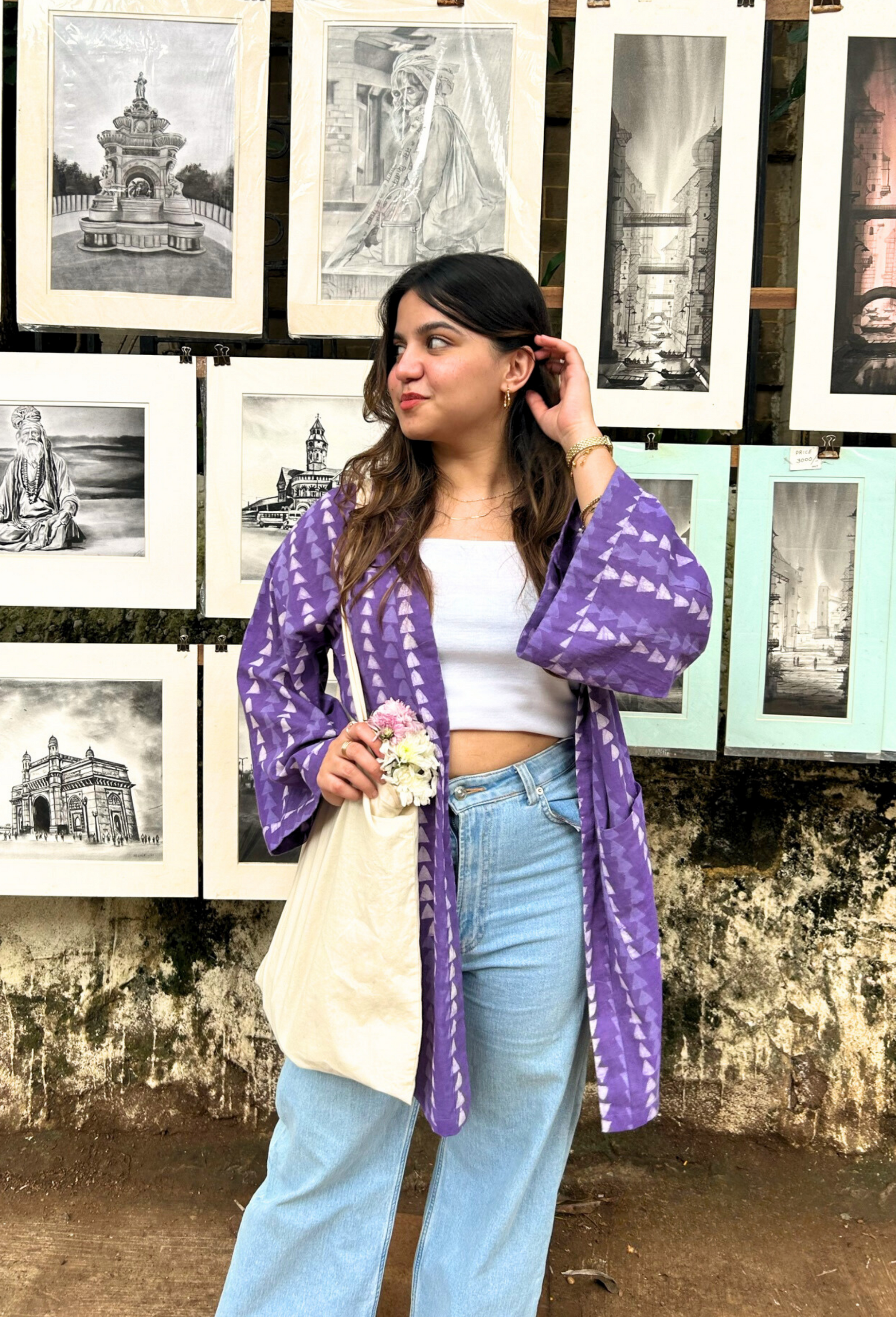 Free Size Purple Hand-Block Printed Shrug In Cotton