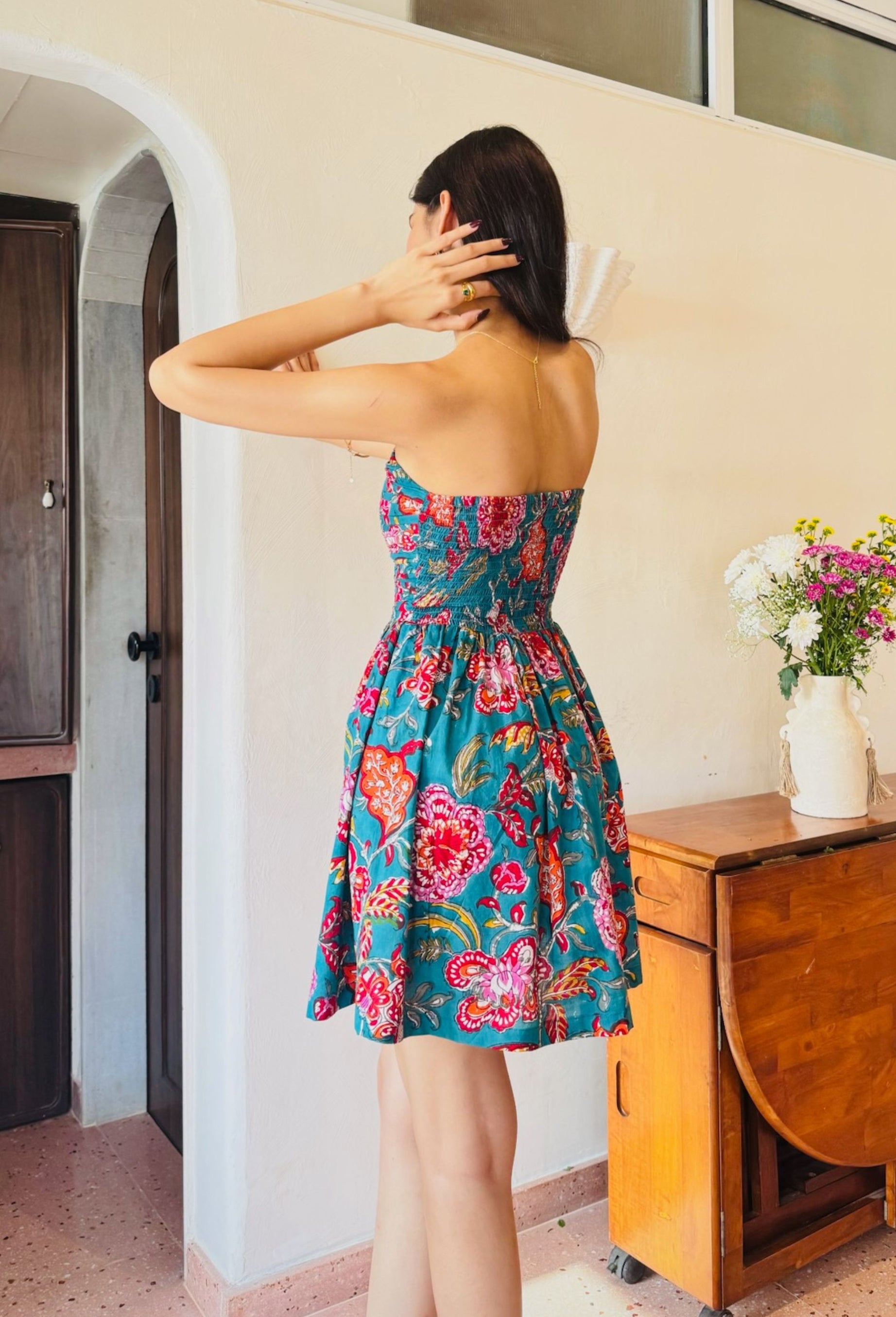 Dark Green Floral Print Tube Dress with One Side Pocket