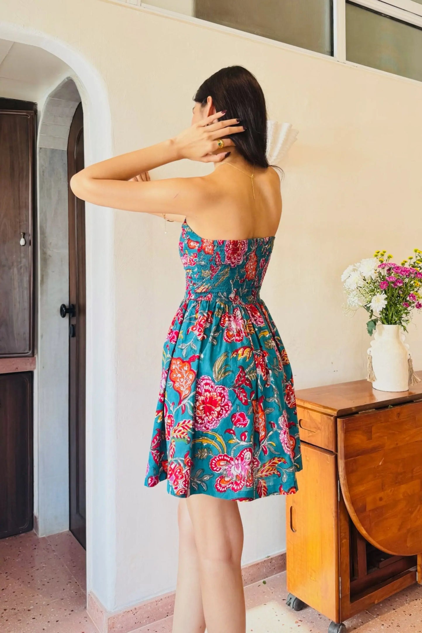 Dark Green Floral Print Tube Short Dress with One Side Pocket and Back Smocking LF-Collection