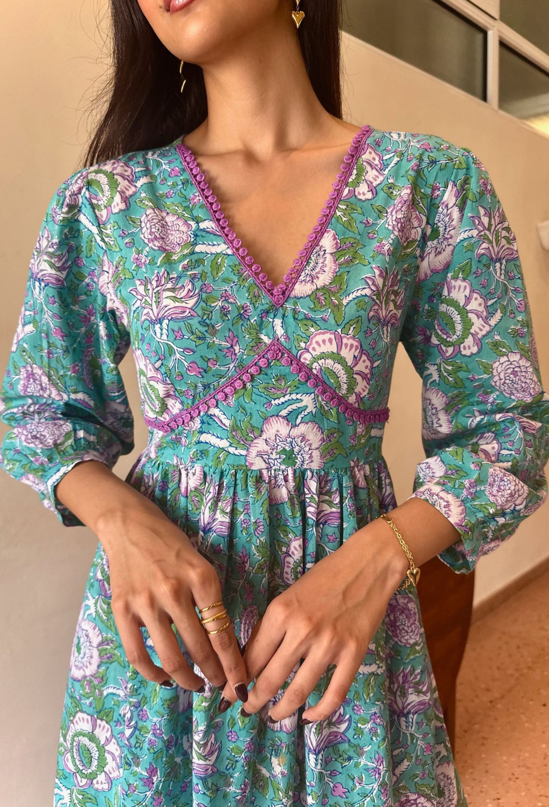 Teal Green & Purple Floral Cotton Dress with One Side Pocket