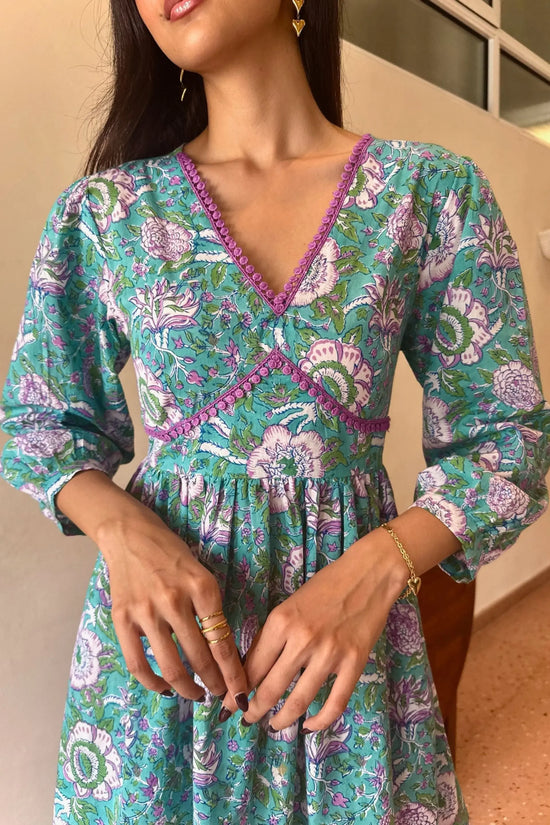 Teal Green & Purple Floral Cotton Short Dress with One Side Pocket and Lace Detailing LF-Collection
