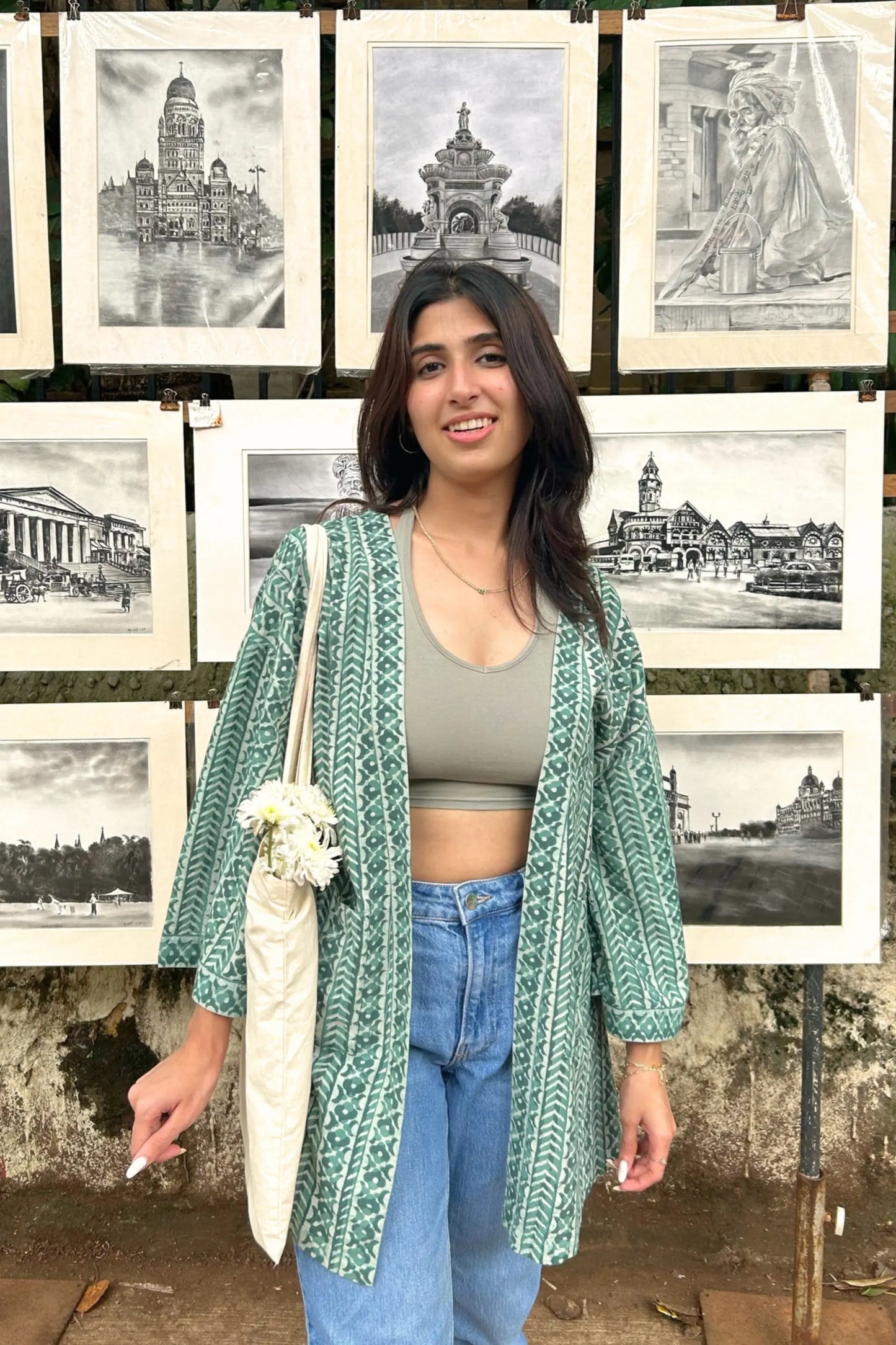 Free-Size Sage Hand-Blocked Cotton Sage Green Shrug - Free Size AMARAA