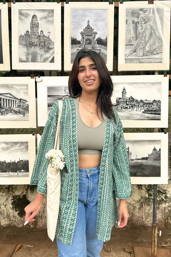 Free-Size Sage Hand-Blocked Cotton Sage Green Shrug - Free Size AMARAA
