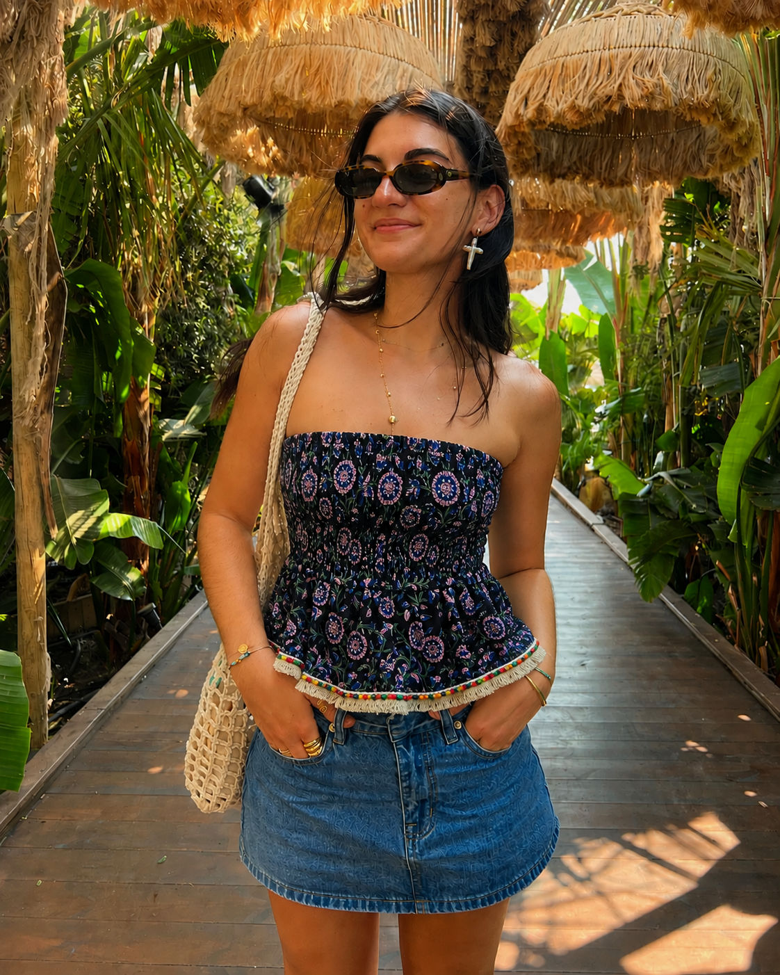 Black Smocking Tube Top with Boho Lace