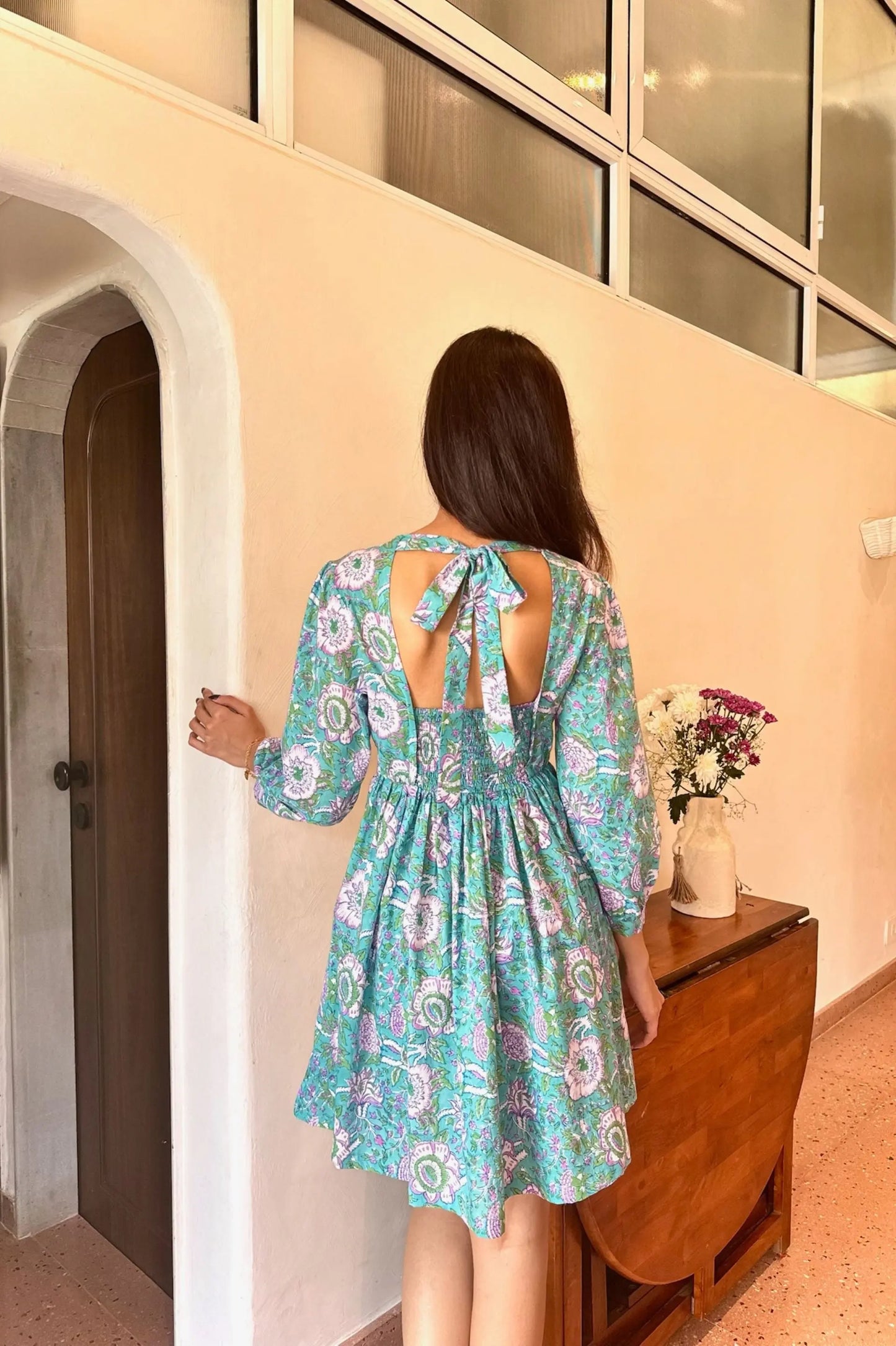 Teal Green & Purple Floral Cotton Short Dress with One Side Pocket and Lace Detailing LF-Collection