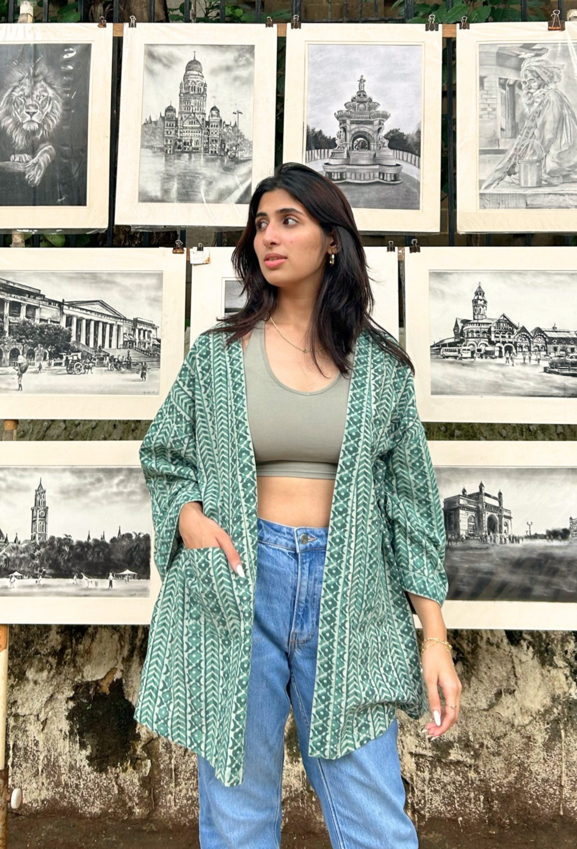 Free-Size Sage Hand-Blocked Cotton Sage Green Shrug - Free Size