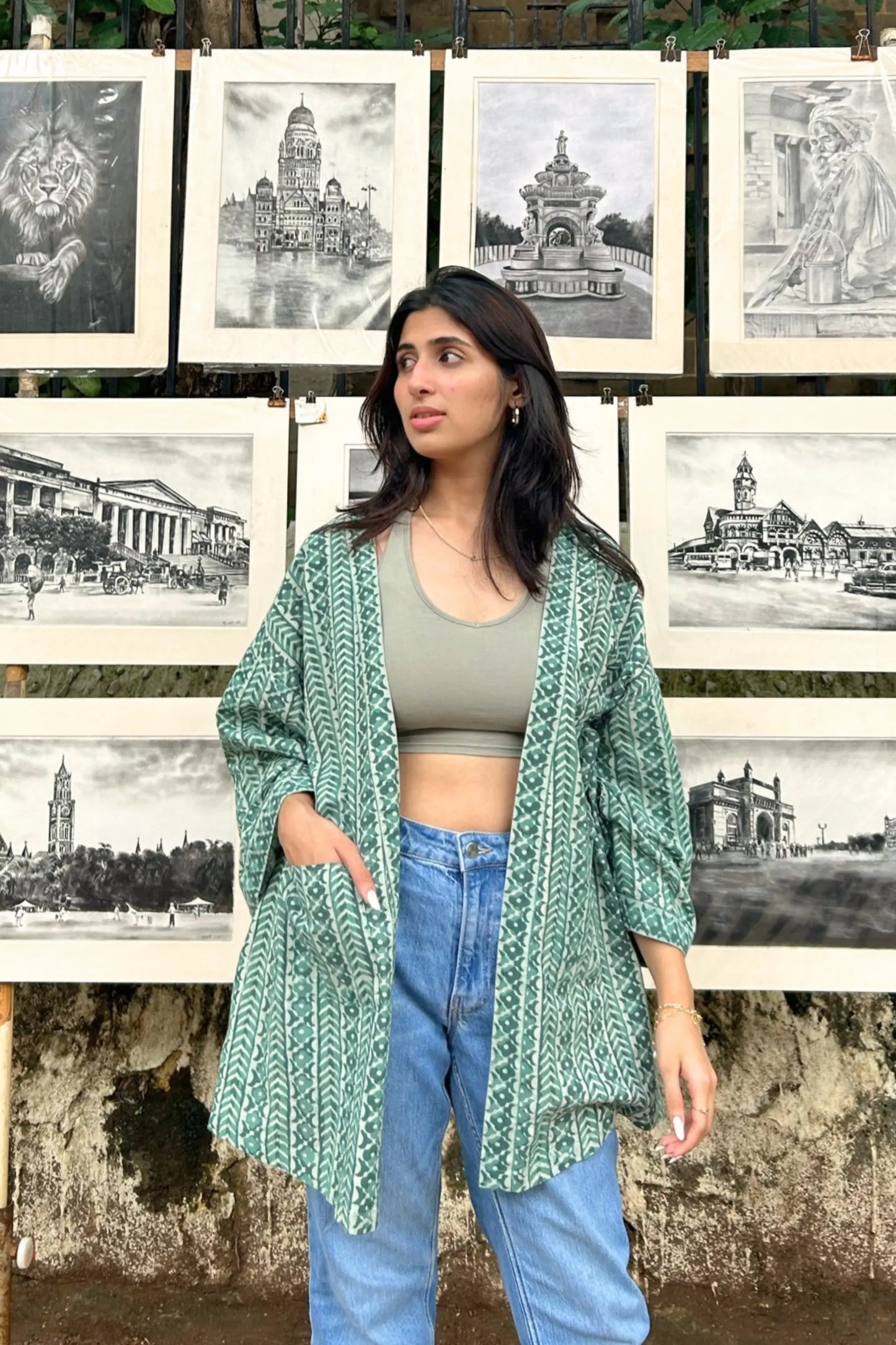 Free-Size Sage Hand-Blocked Cotton Sage Green Shrug - Free Size AMARAA