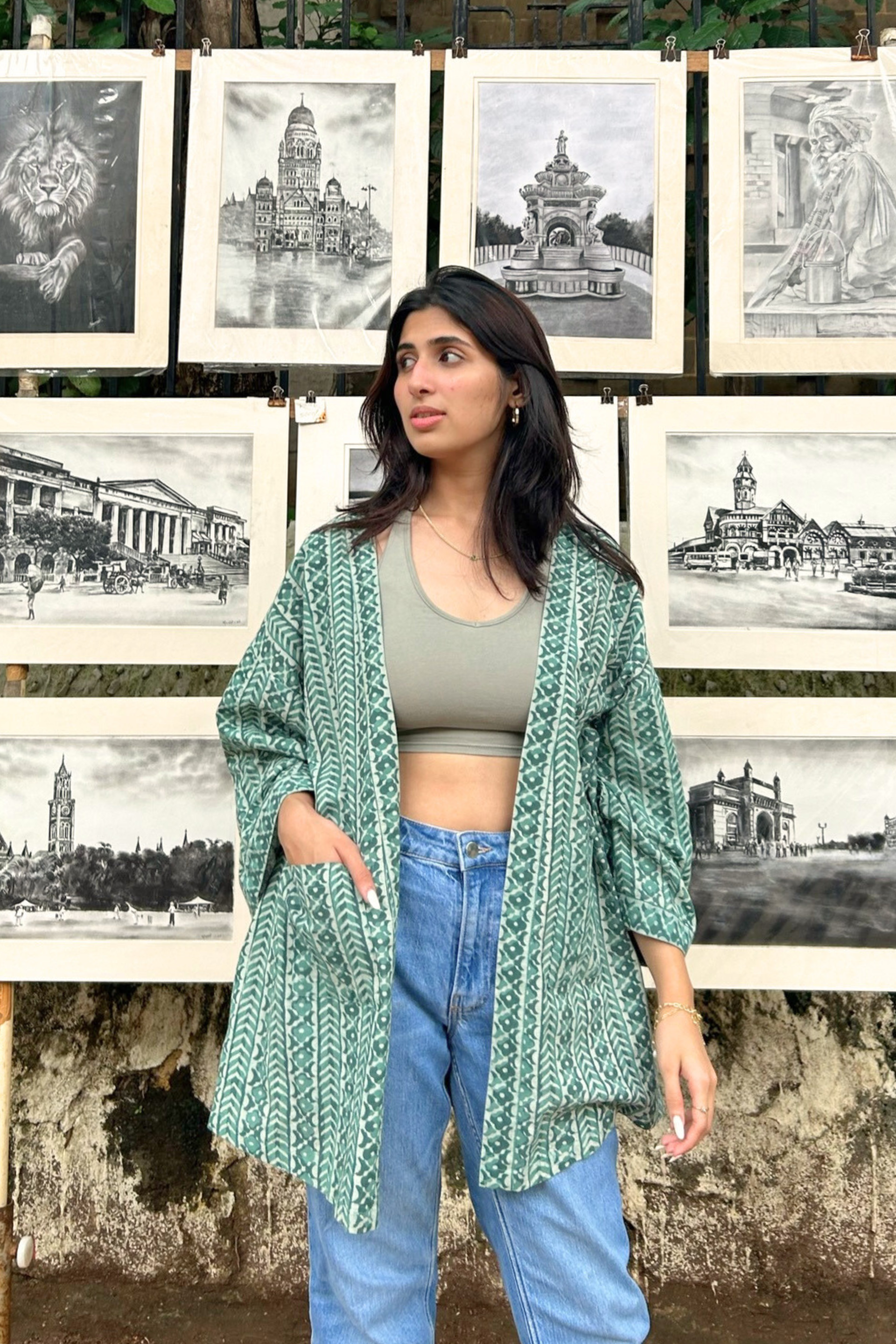 Free-Size Sage Hand-Blocked Cotton Sage Green Shrug - Free Size