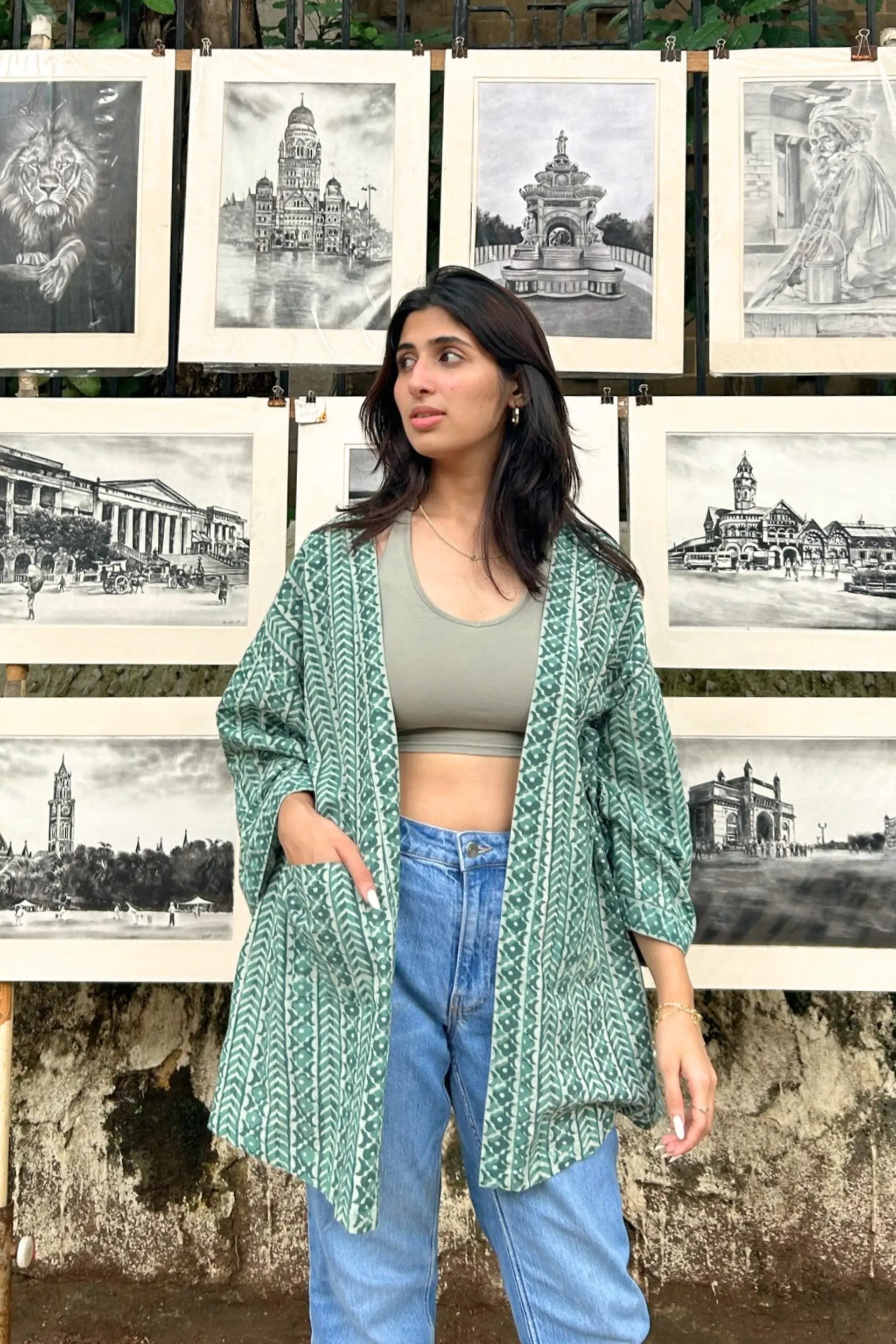 Free-Size Sage Hand-Blocked Cotton Sage Green Shrug - Free Size AMARAA