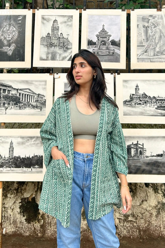 Free-Size Sage Hand-Blocked Cotton Sage Green Shrug - Free Size AMARAA