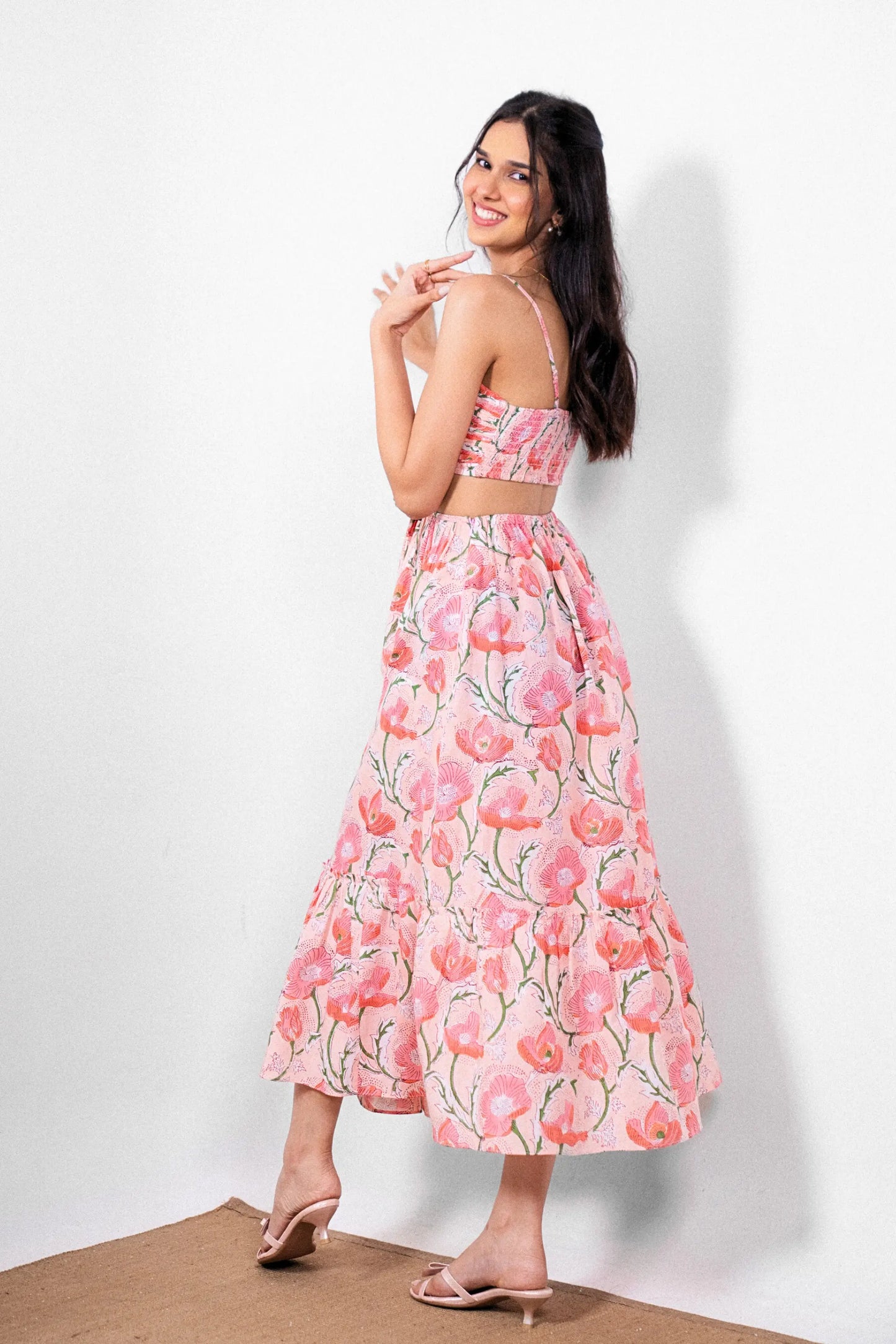 Coral Pink Maxi Dress in Coral Pink Shade With Pocket, Back Smocking and Adjustable strap RESORT'24