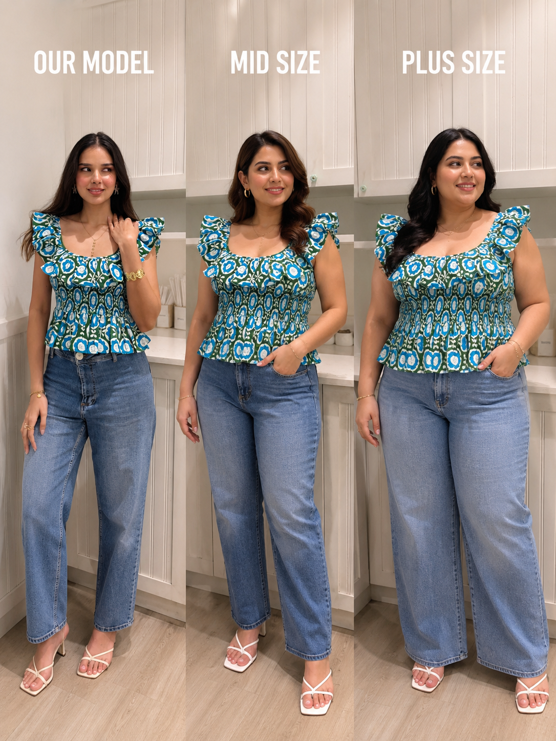 Blue & Green Floral Cotton Top with Frill Detailing