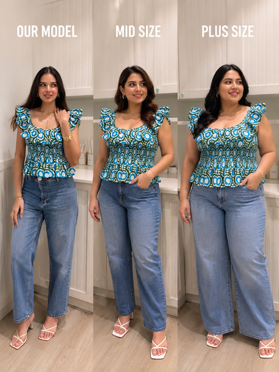 Blue & Green Floral Cotton Top with Frill Detailing
