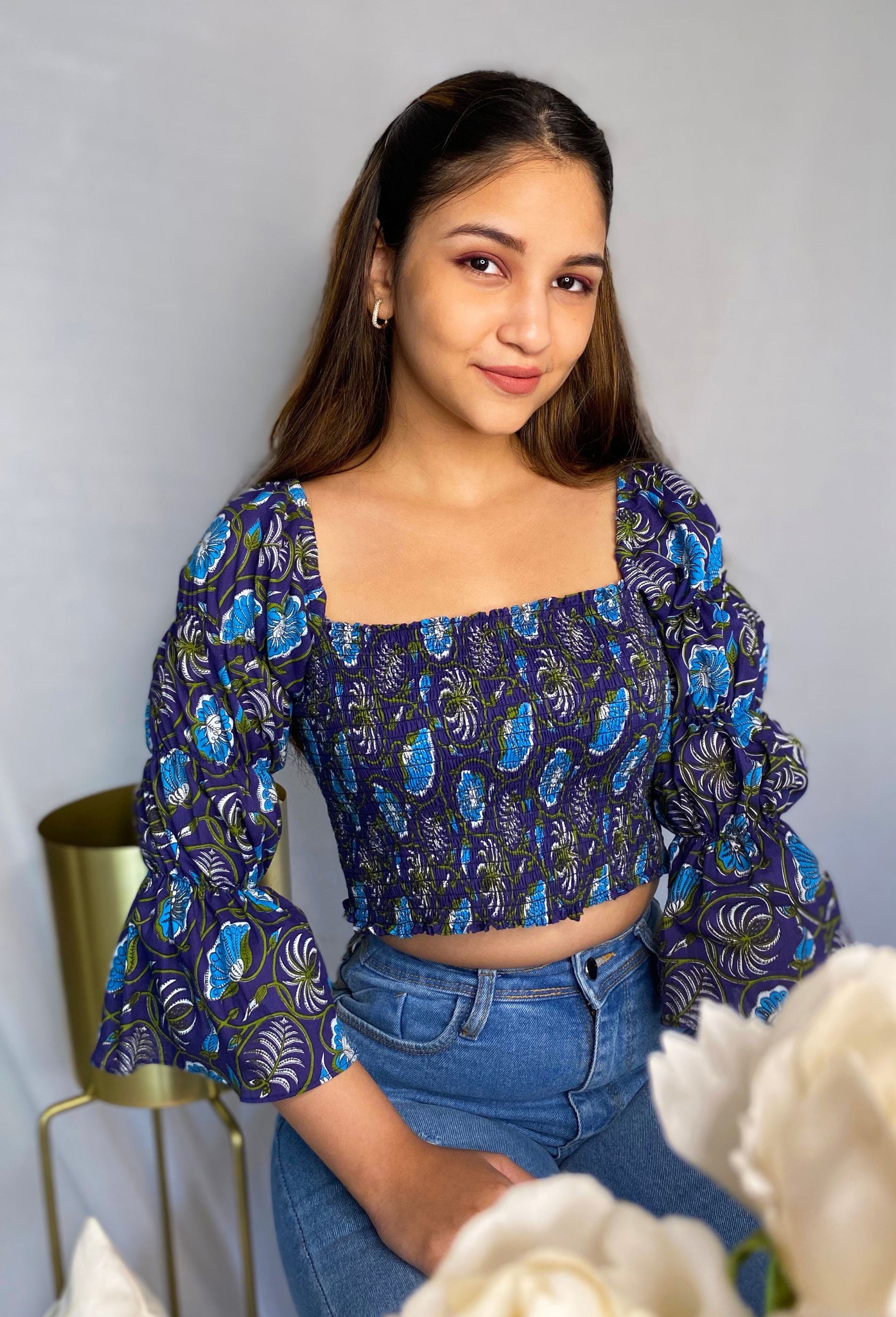 Smocked top from in a Blue Floral Print Crafted from Cotton