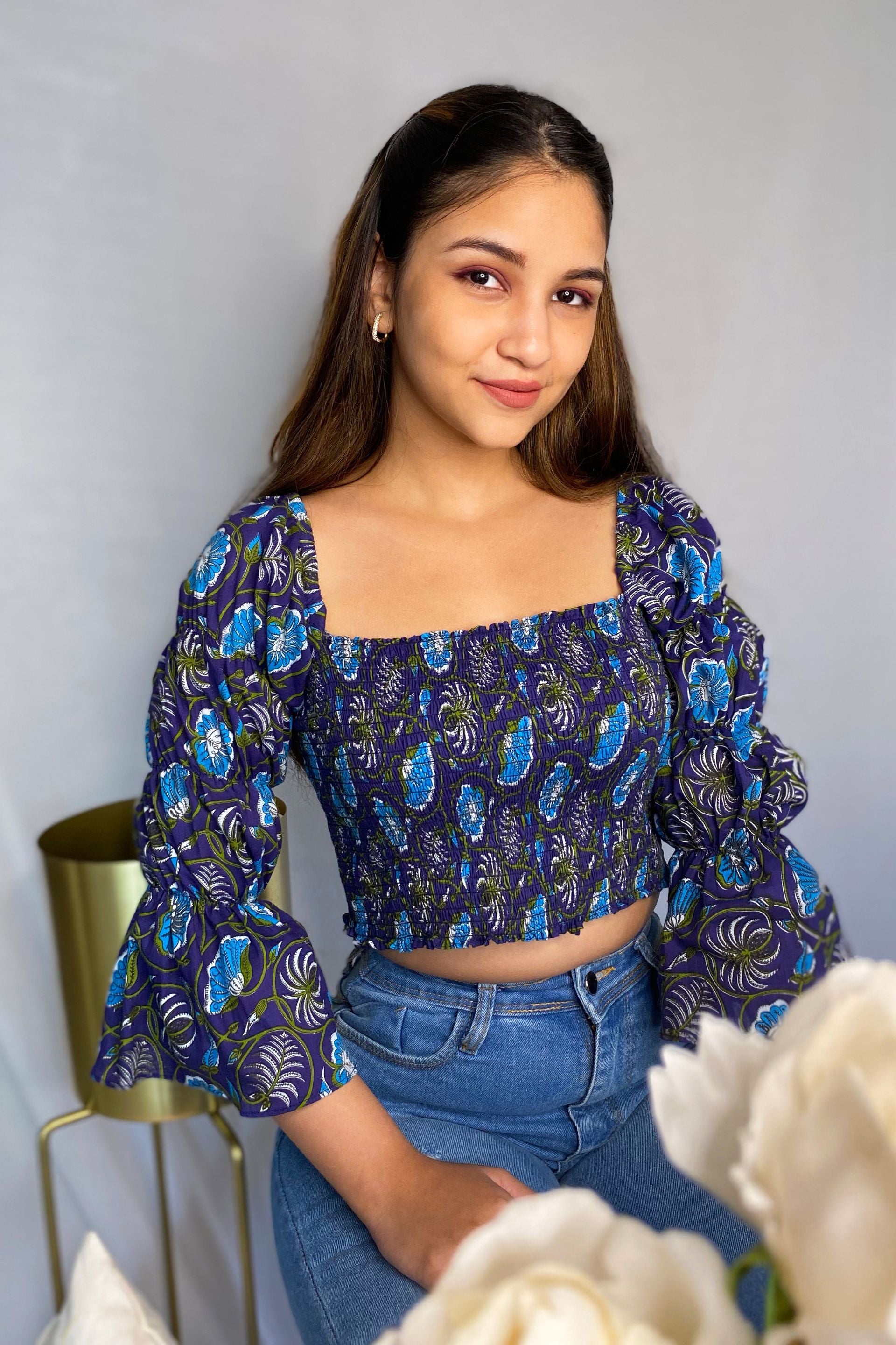 Smocked top from in a Blue Floral Print Crafted from Cotton