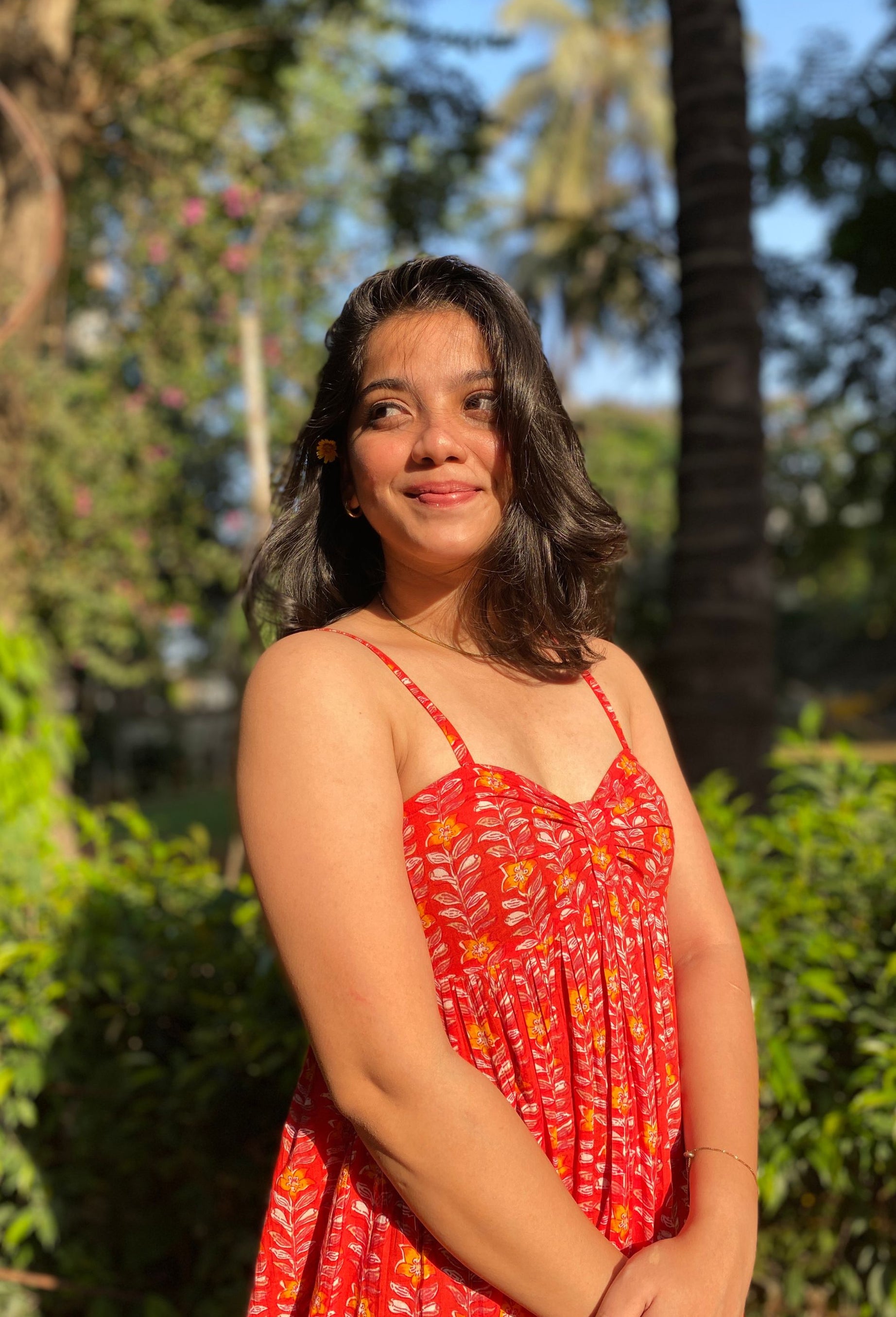 Crimson Red Floral Hand-Printed Cotton Maxi Dress with Pocket