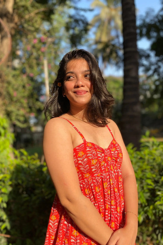 Crimson Red Floral Hand-Printed Cotton Maxi Dress with Pocket AMARAA