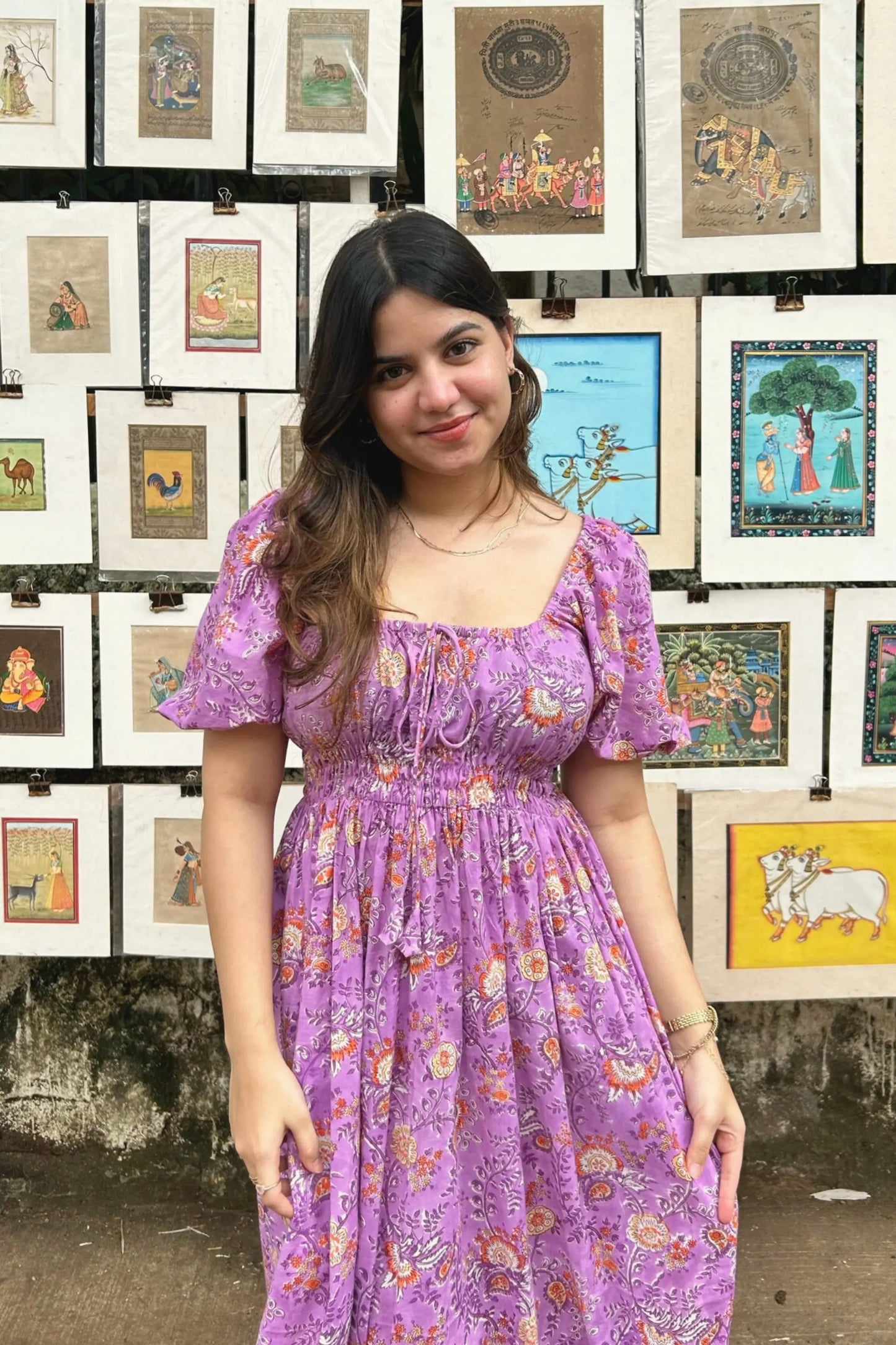 Lilac Floral Puff Sleeve Maxi Cotton Dress with Pocket AMARAA