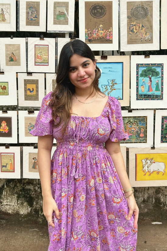 Lilac Floral Puff Sleeve Maxi Cotton Dress with Pocket AMARAA
