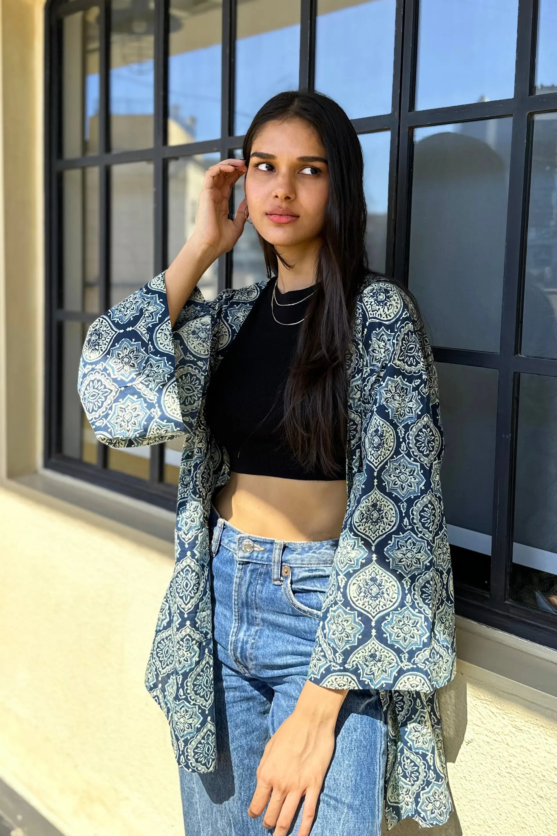 Freesize Unisex Ajrak Hand-Printed Cotton Shrug in Blue AMARAA