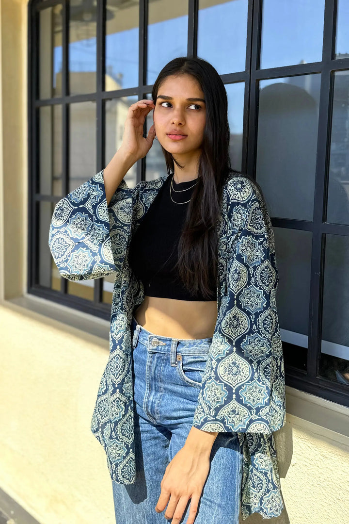 Freesize Unisex Ajrak Hand-Printed Cotton Shrug in Blue AMARAA