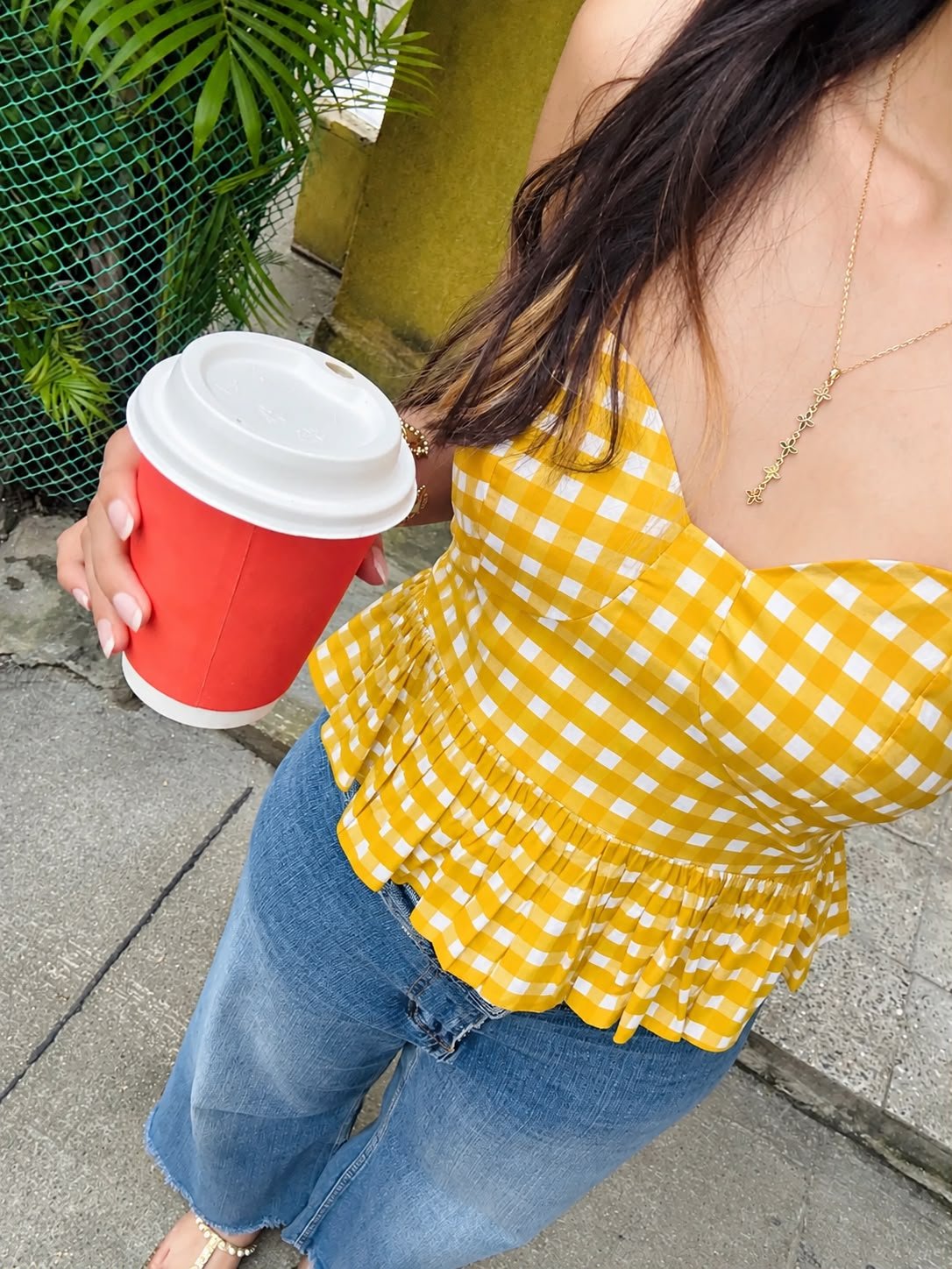 Mustard Yellow & White Checkered Cotton Halter Top with Tie-Up & Smocking