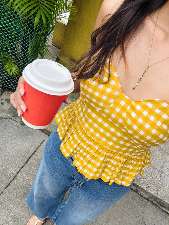 Mustard Yellow & White Checkered Cotton Halter Top with Tie-Up & Smocking