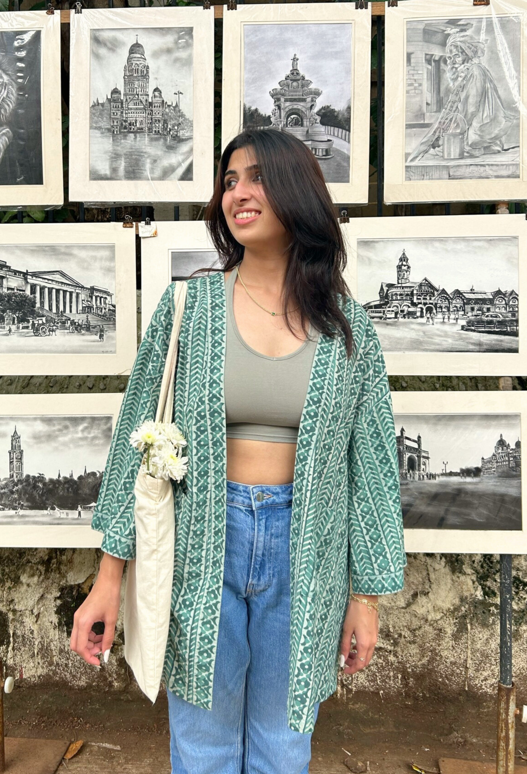 Free-Size Sage Hand-Blocked Cotton Sage Green Shrug - Free Size