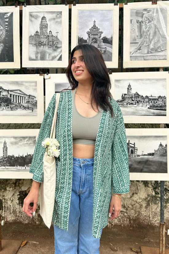 Free-Size Sage Hand-Blocked Cotton Sage Green Shrug - Free Size AMARAA