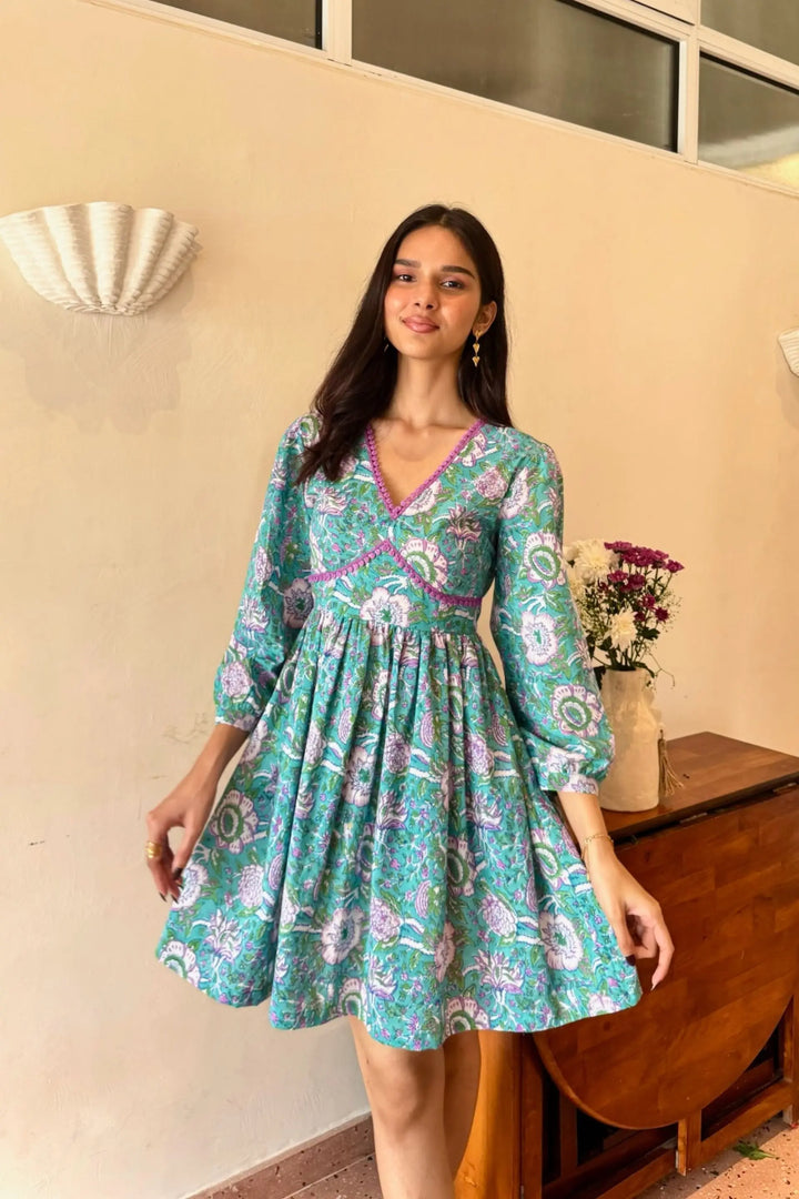 Teal Green & Purple Floral Cotton Short Dress with One Side Pocket and Lace Detailing LF-Collection