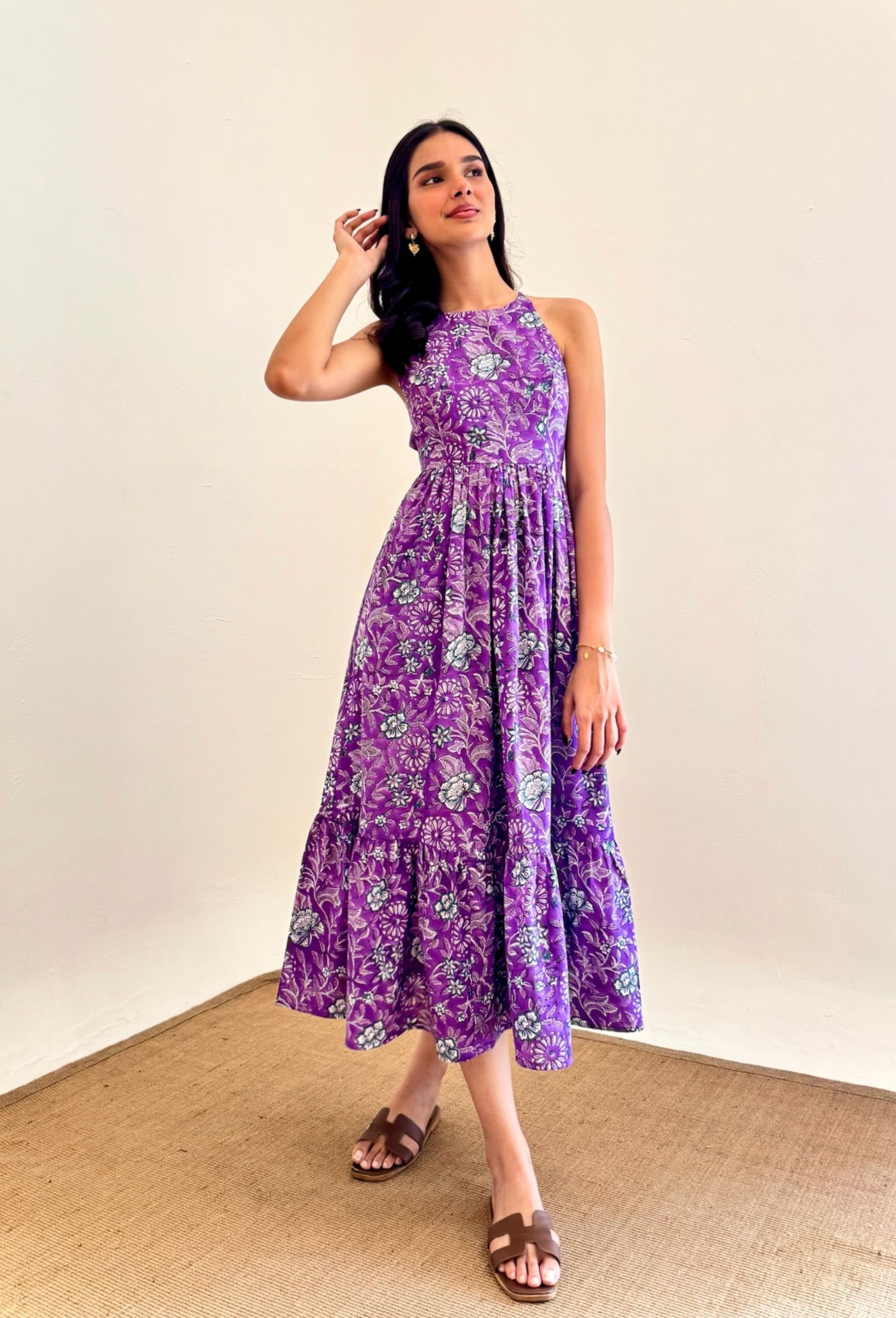 Purple Floral Hand Block Printed Cotton Dress with One Side Pocket