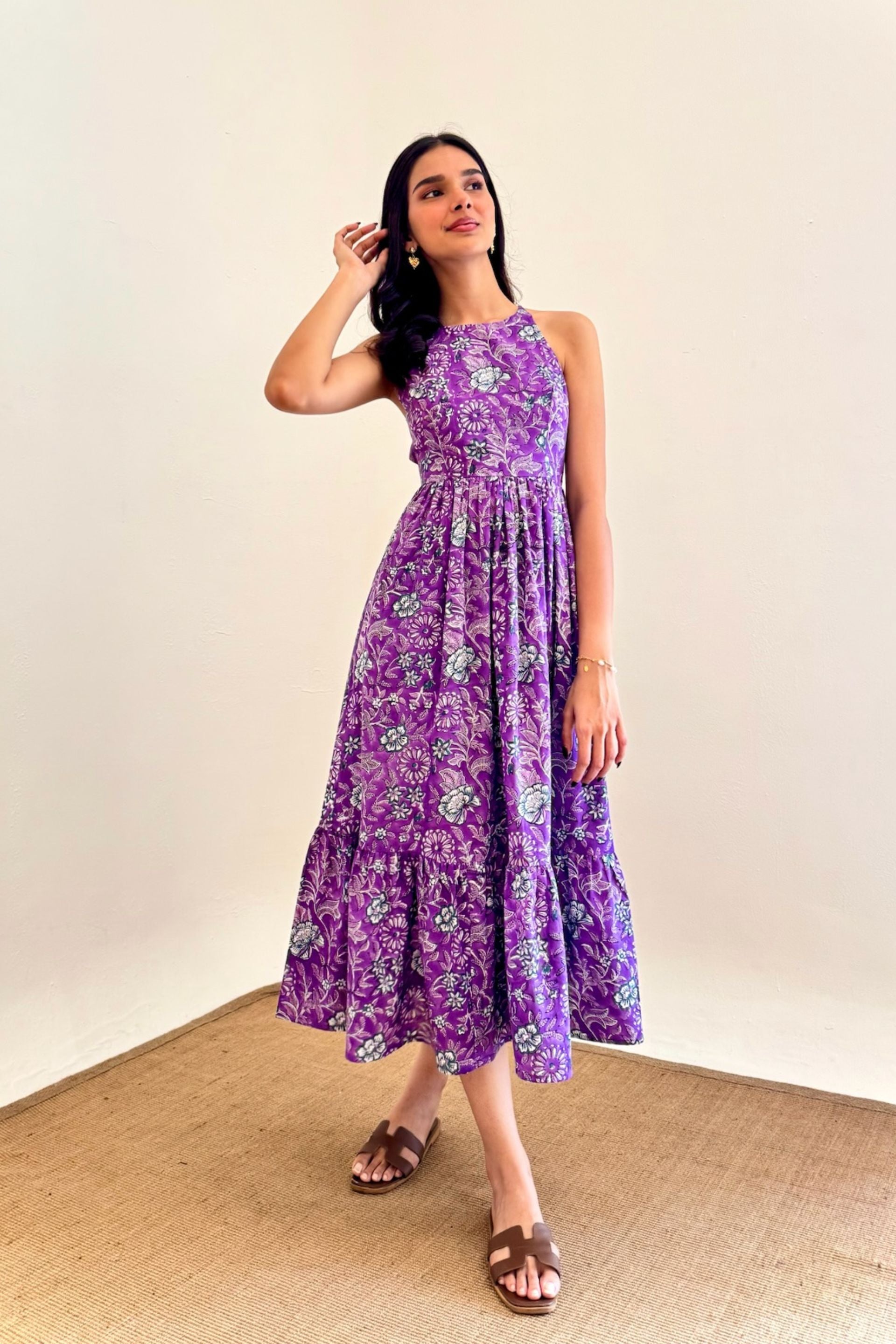 Purple Floral Hand Block Printed Cotton Dress with One Side Pocket LF-Collection