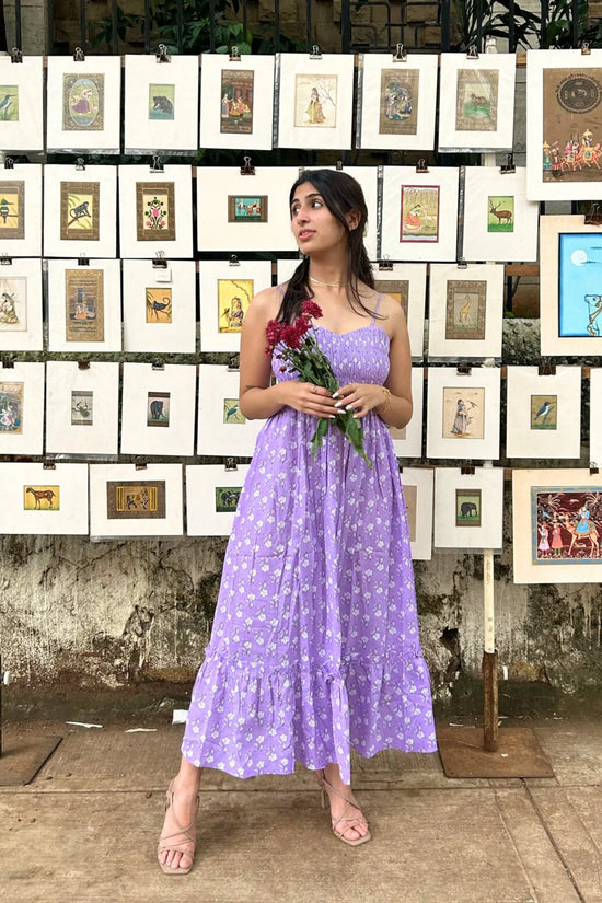 Purple Pure Cotton Hand-Printed Long Flower Maxi Dress with Pocket AMARAA