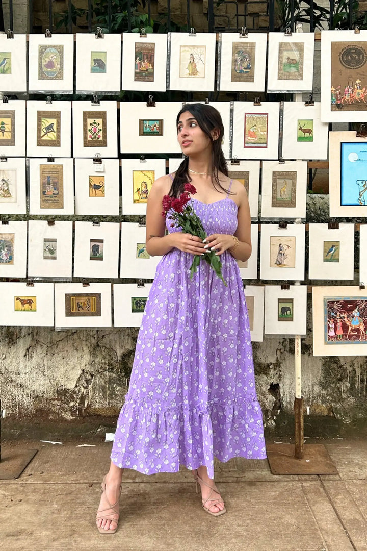 Purple Pure Cotton Hand-Printed Long Flower Maxi Dress with Pocket AMARAA