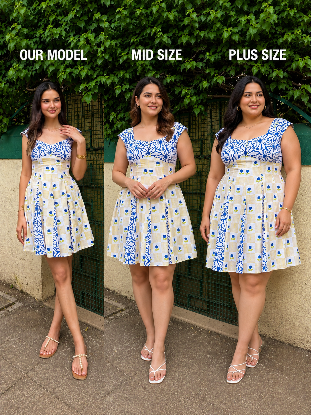 Yellow & Blue Floral Geometric Print Short Dress with Side Zipper