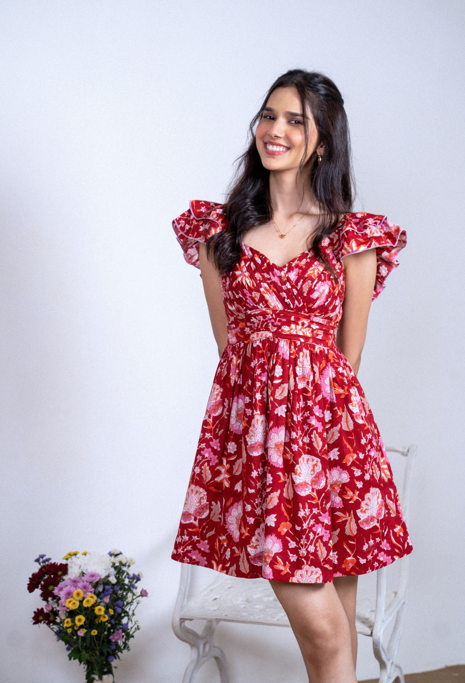 Red Hand Block Floral Printed Cotton Dress with Pocket
