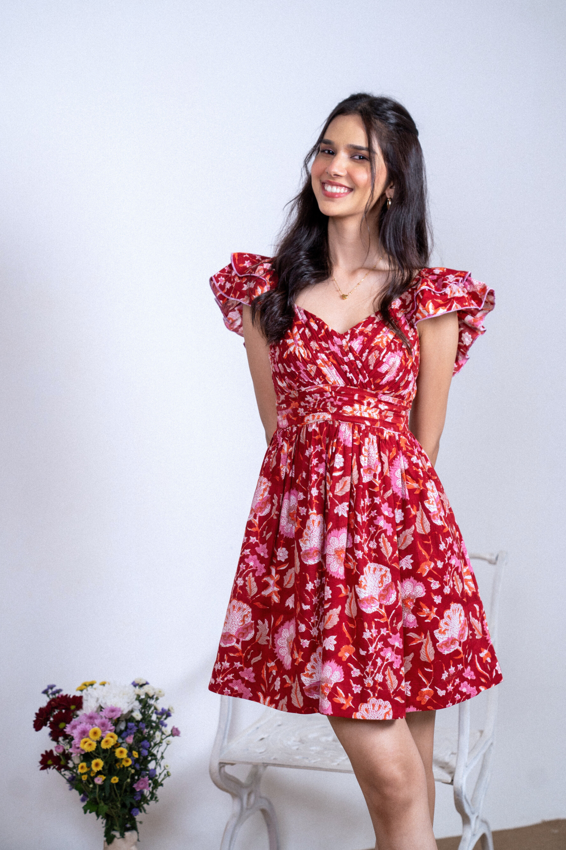 Red Hand Block Floral Printed Cotton Dress with Pocket
