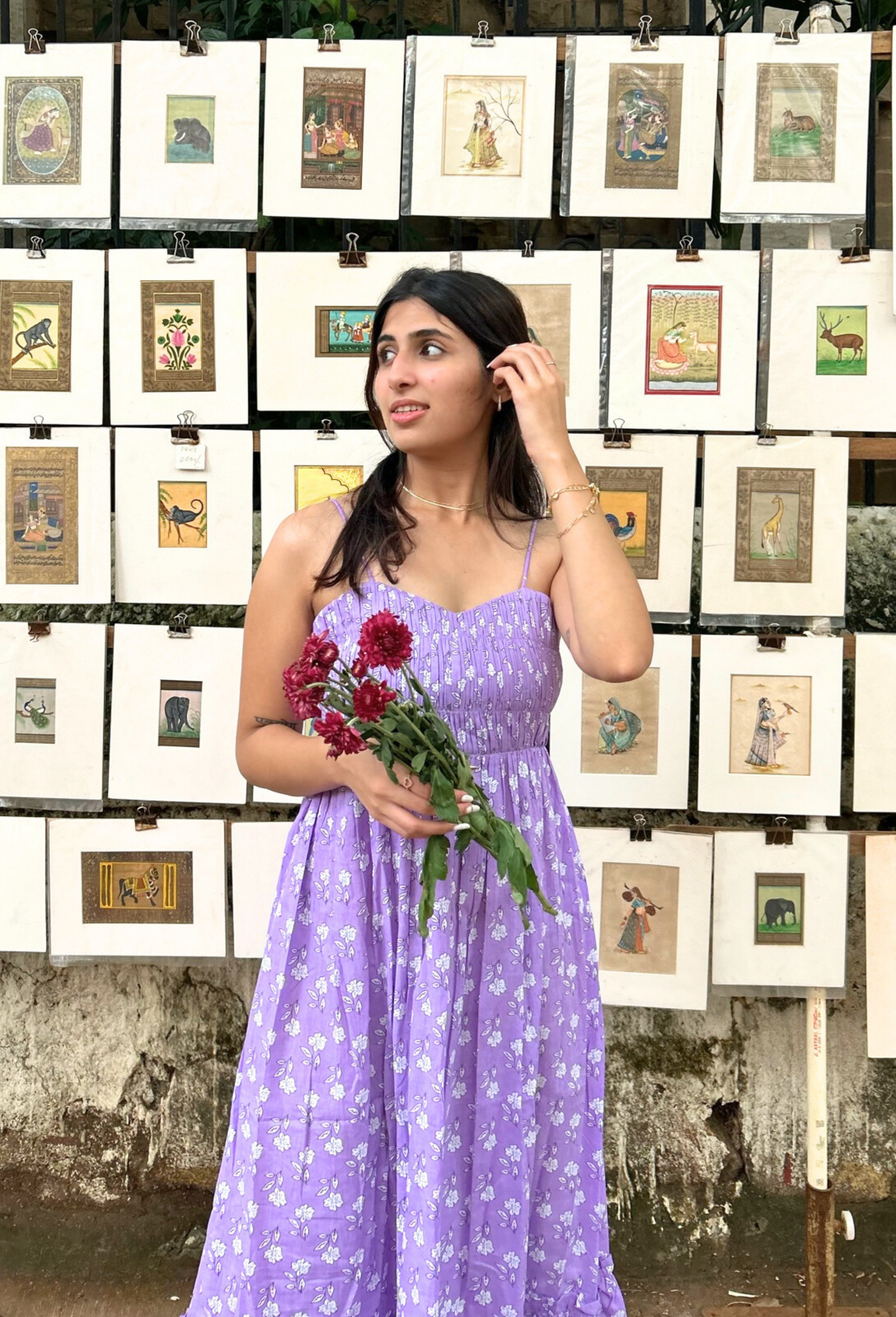 Lilac Pure Cotton Hand-Printed Long Flower Dress with Pocket AMARAA
